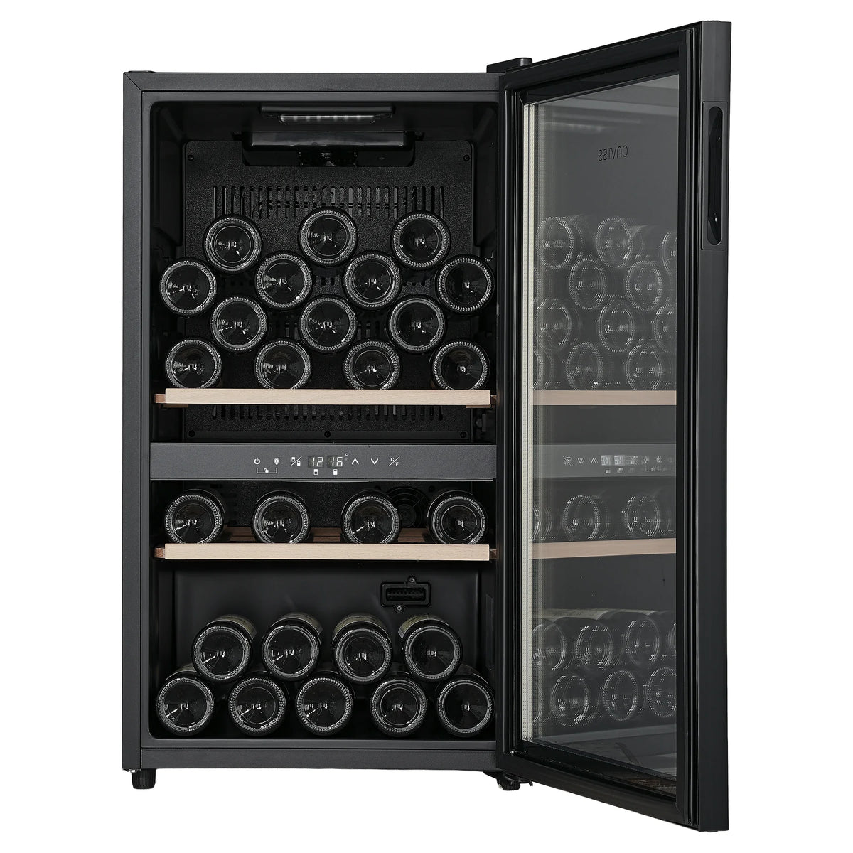 Cave de vinho Caviss CT2PL56CB aberta, vista de três quartos com os dois compartimentos cheios