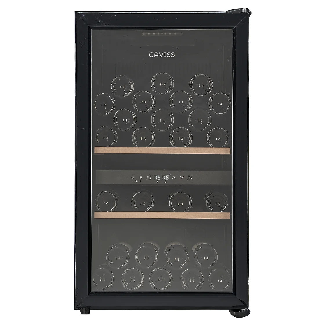Cave de vinho Caviss CT2PL56CB fechada, vista frontal com as duas zonas de temperatura