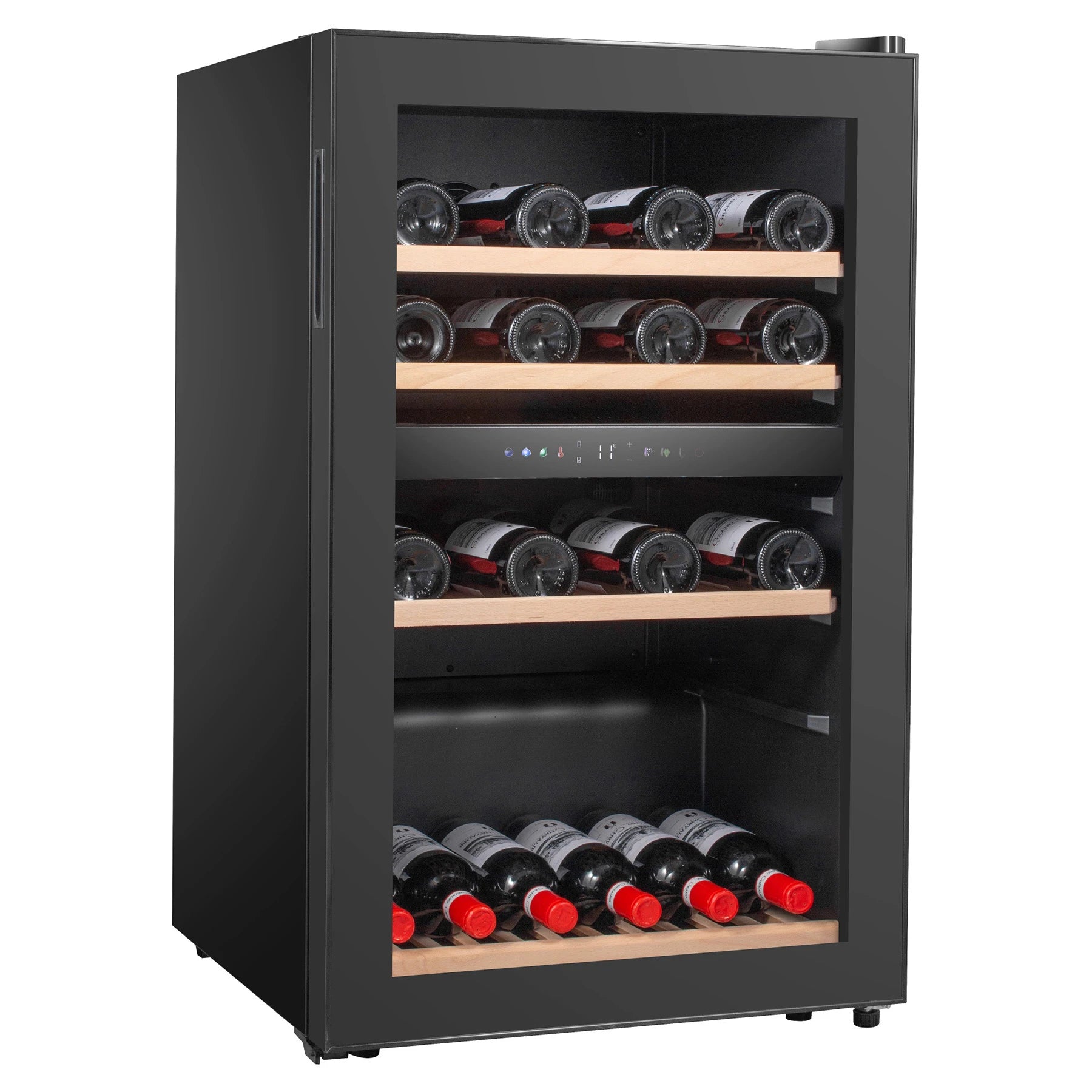 Cave de vinho Caviss C259CBEG em ambiente doméstico com design preto elegante.