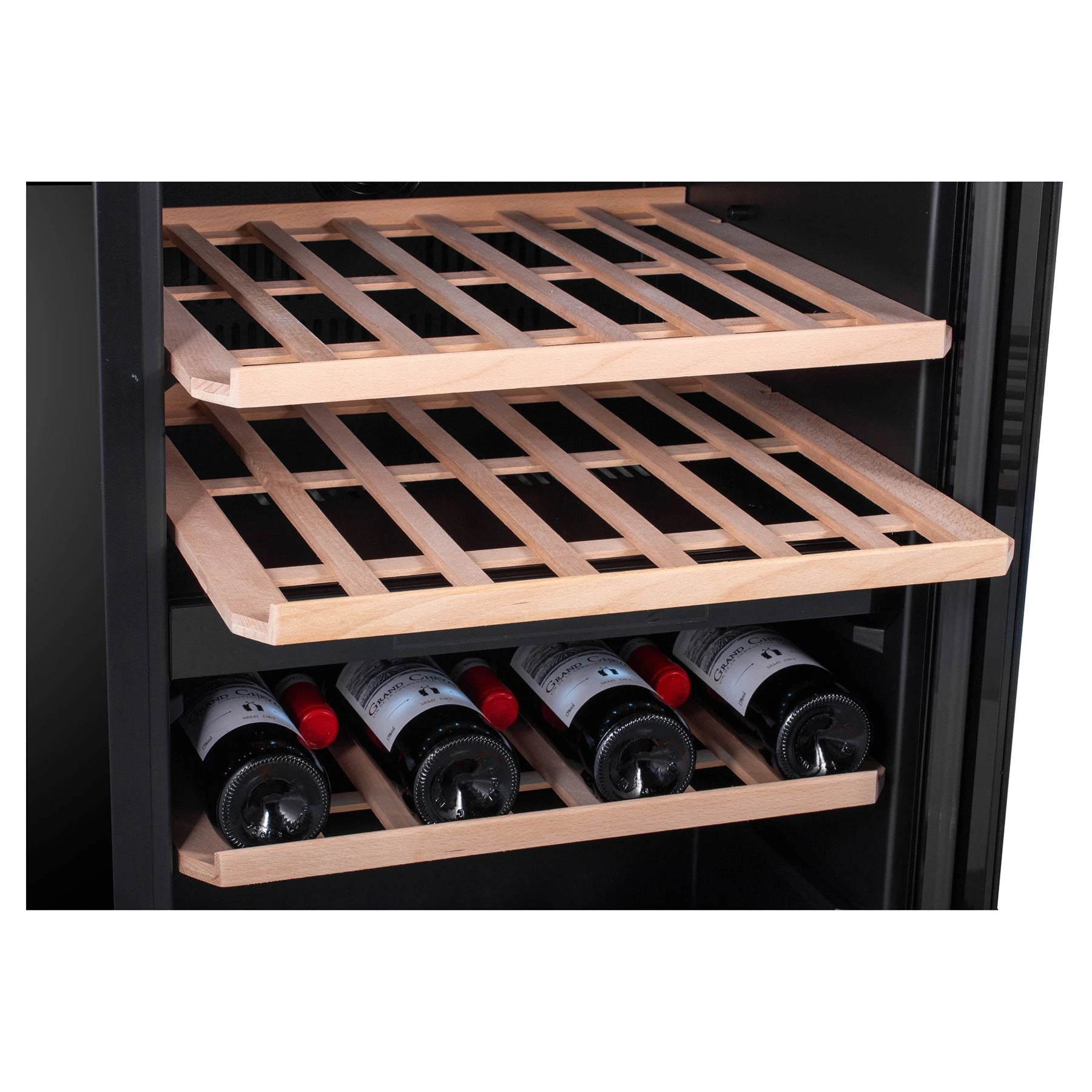 Cave de vinho Caviss C259CBEG com prateleiras de madeira e meia prateleira interior.