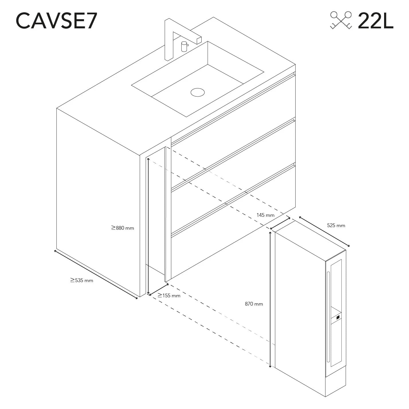 Instalação da cave de vinho Les Petits Champs CAVSE7 sob bancada com ventilação frontal.
