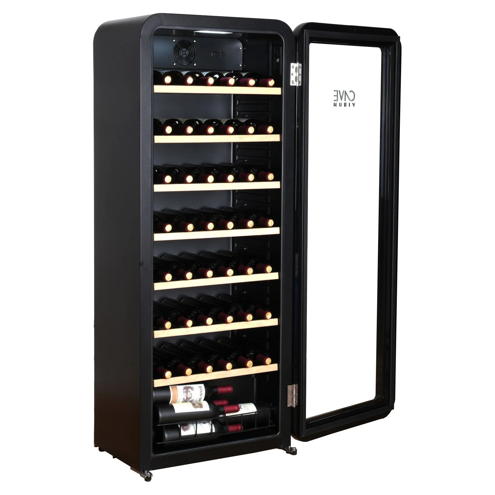Detalhe da cave de vinho Cave Vinum CV-76-R com porta de vidro, acabamento preto e design retro para livre instalação.