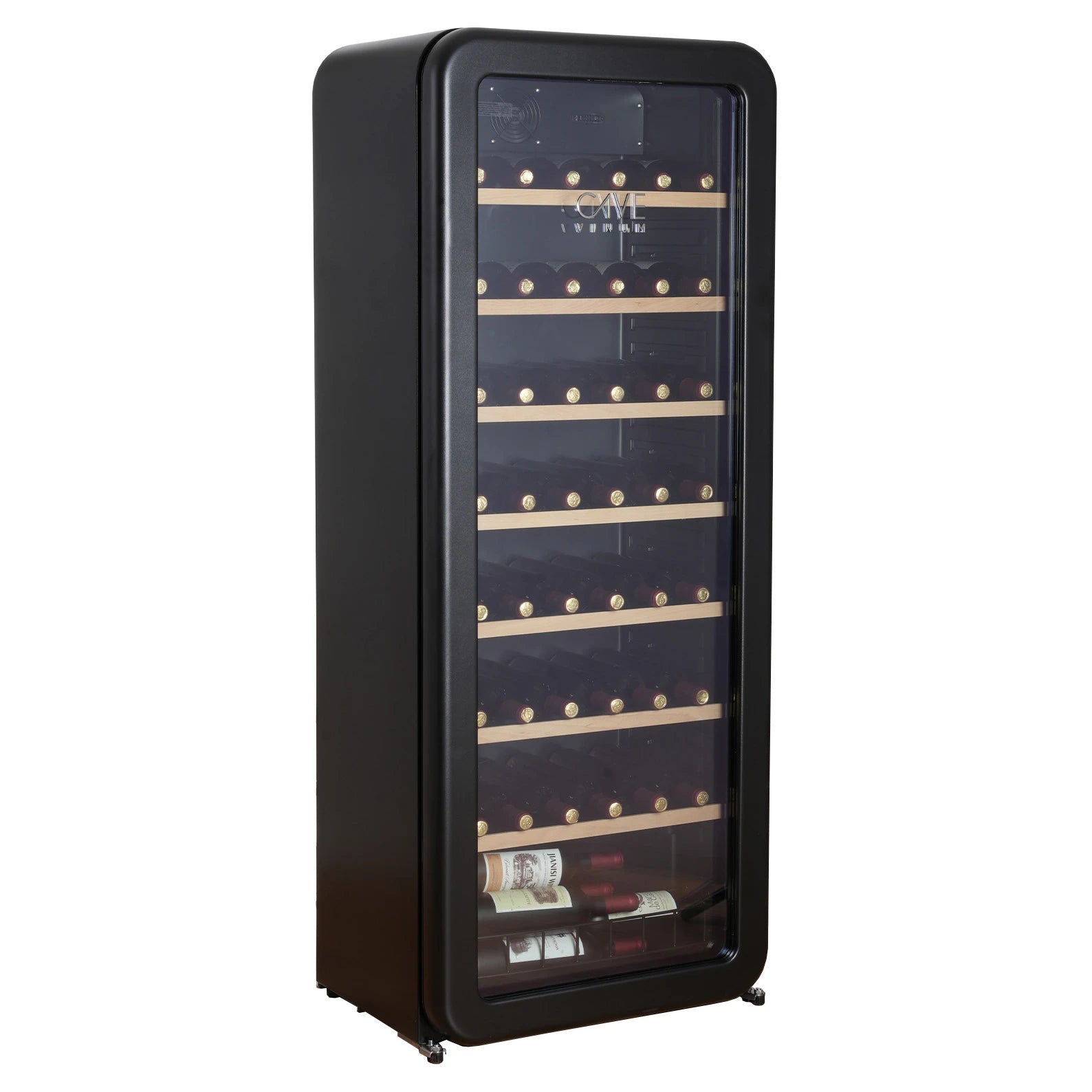 Cave de vinho Cave Vinum CV-76-R com garrafas de vinho colocadas em prateleiras de madeira e iluminação LED interior.