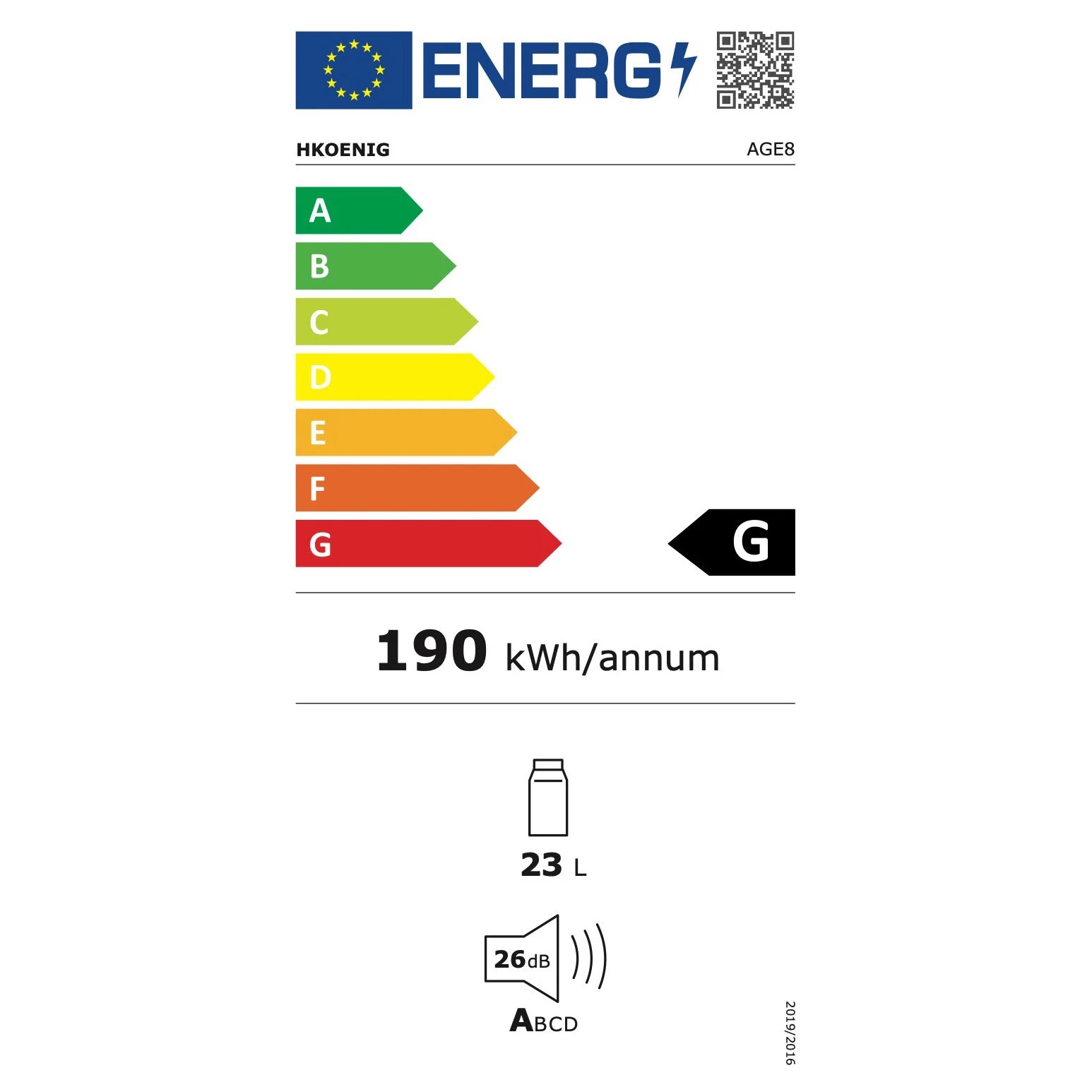 Etiqueta energética da cave de vinho H.Koenig AGE8 para 8 garrafas.