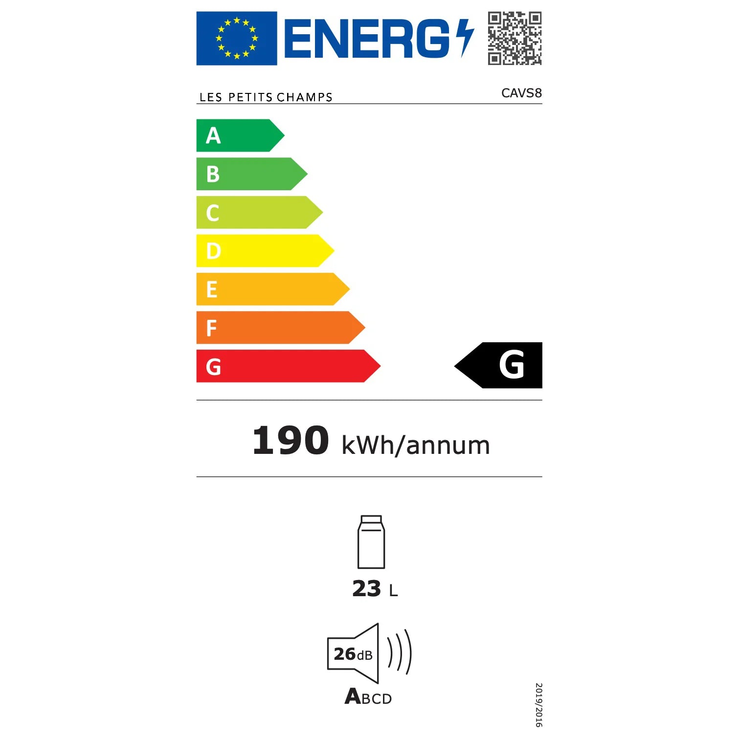 Etiqueta energética da cave de vinho Les Petits Champs CAVSB8 com dados de consumo.