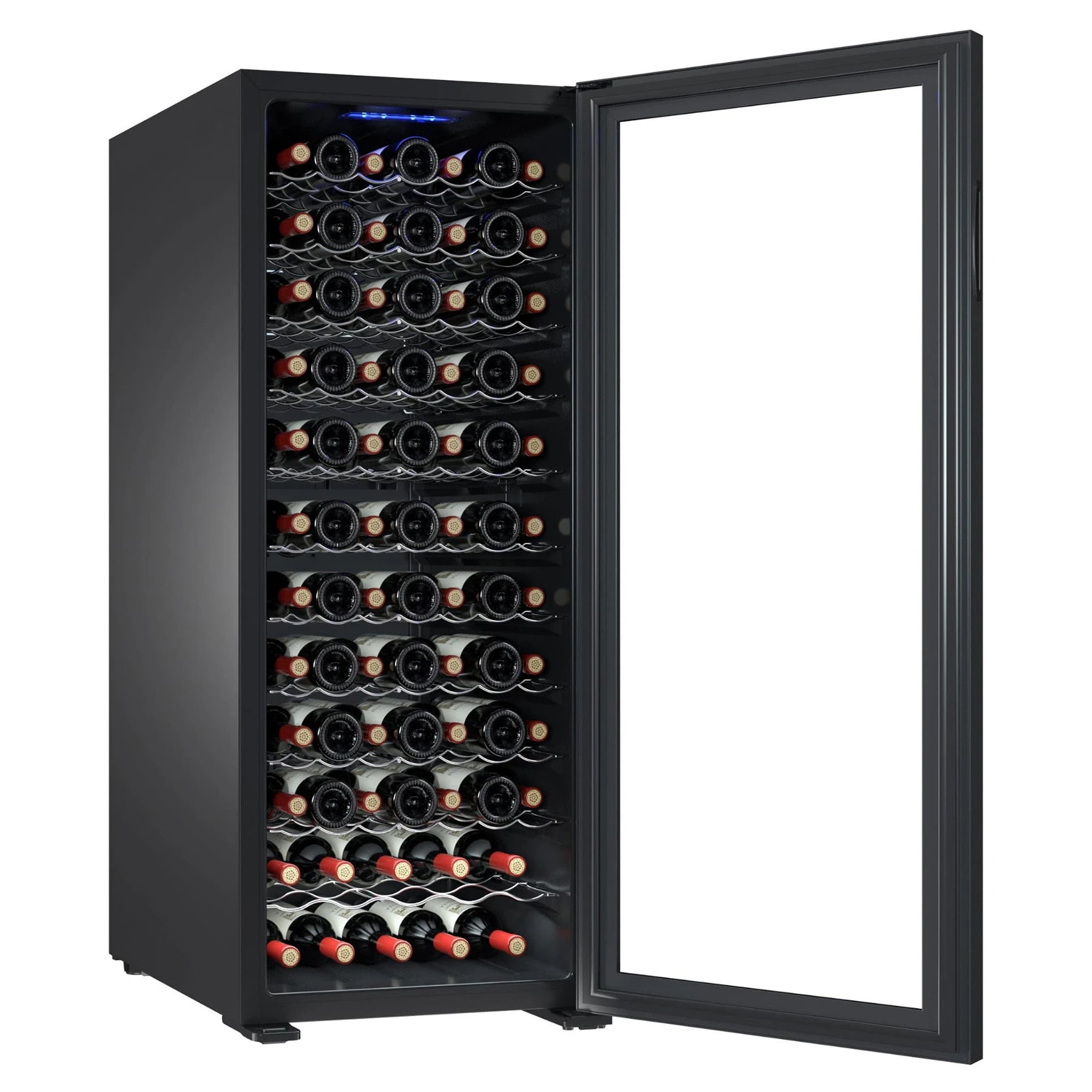 Cave de vinho Cavanova CV080CNM aberta com capacidade para 80 garrafas e porta de triplo vidro.