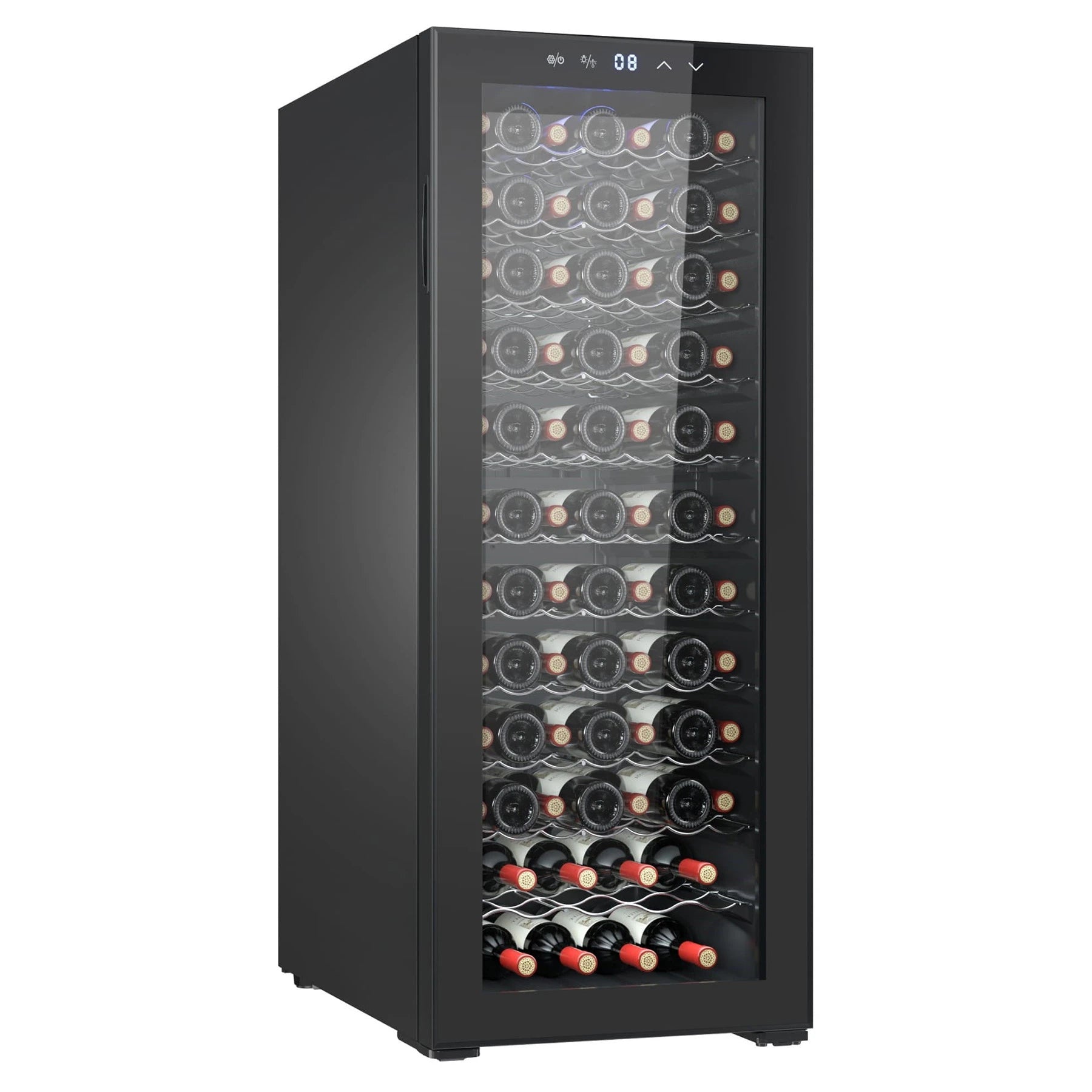 Cave de vinho 80 garrafas Cavanova CV080CNM cheia com garrafas organizadas em prateleiras metálicas.