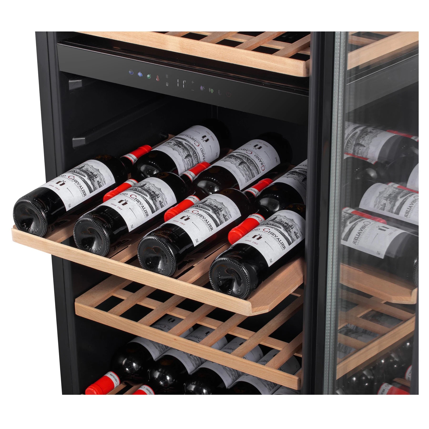 Cave de vinho Caviss C291CBEG com porta reversível de vidro preto tratado anti-UV.