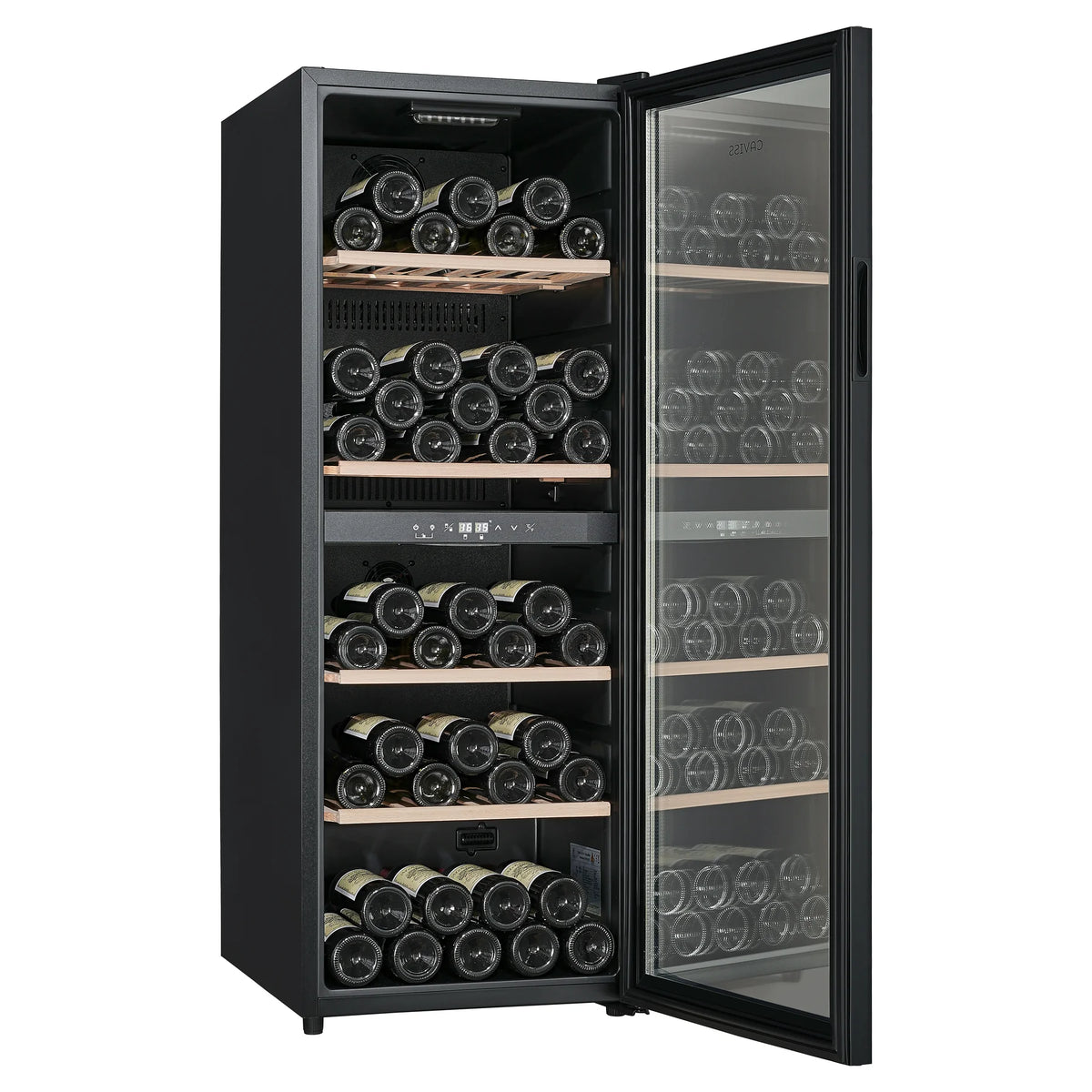 Cave de vinho Caviss CT2PL91CB de duas zonas com a porta aberta e 91 garrafas nas prateleiras de madeira