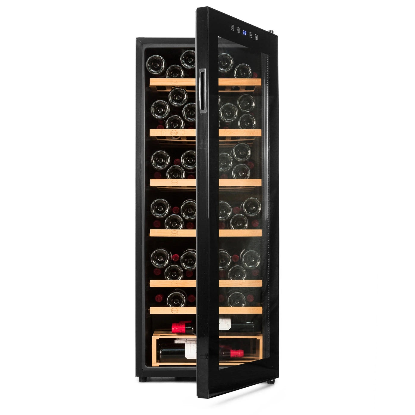 Cave de vinho Vinobox V96 Pro aberta com prateleiras de madeira e grande capacidade.