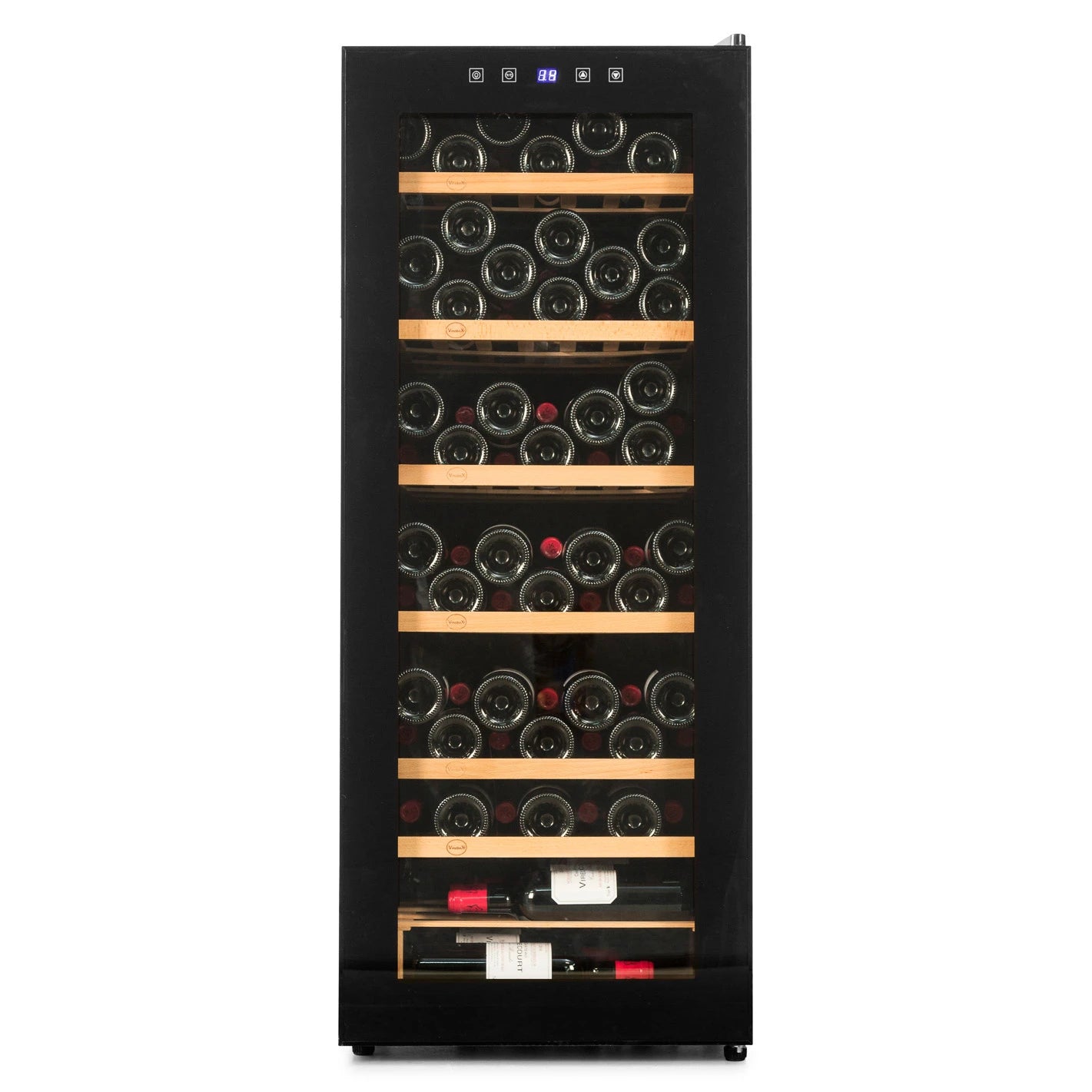 Cave de vinho 96 garrafas Vinobox V96 Pro preta com moldura inox e porta de vidro.