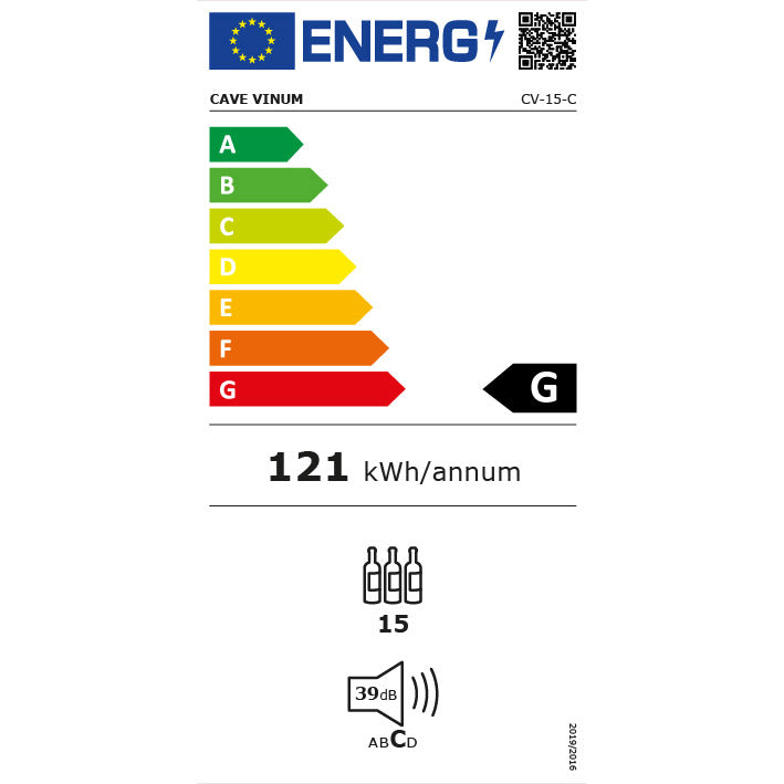 Etiqueta energética da cave de vinho Cave Vinum CV-15C com capacidade para 15 garrafas e refrigeração por compressor.
