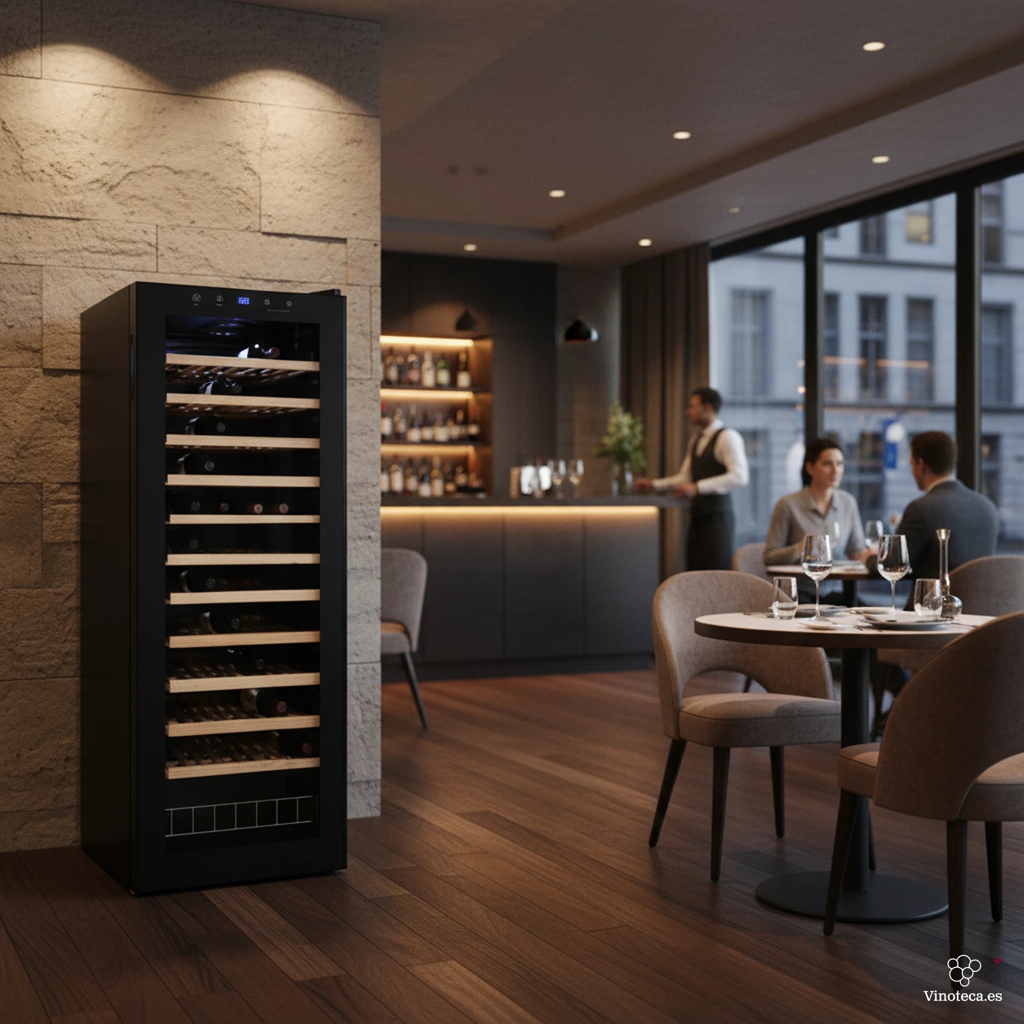Cave de vinho Cave Vinum CV-60 WS em ambiente de restaurante com garrafas organizadas para serviço profissional.
