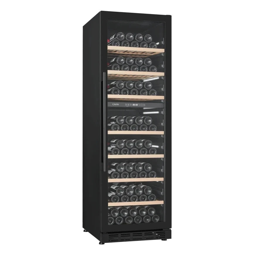 Interior de Cave de vinho para 151 garrafas Cavin Arctic Collection 151D Fullglass black com prateleiras