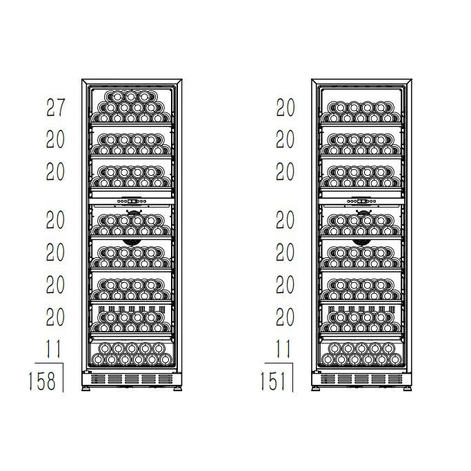 Diagrama de capacidade de Cave de vinho para 151 garrafas Cavin Arctic Collection 151D Fullglass black