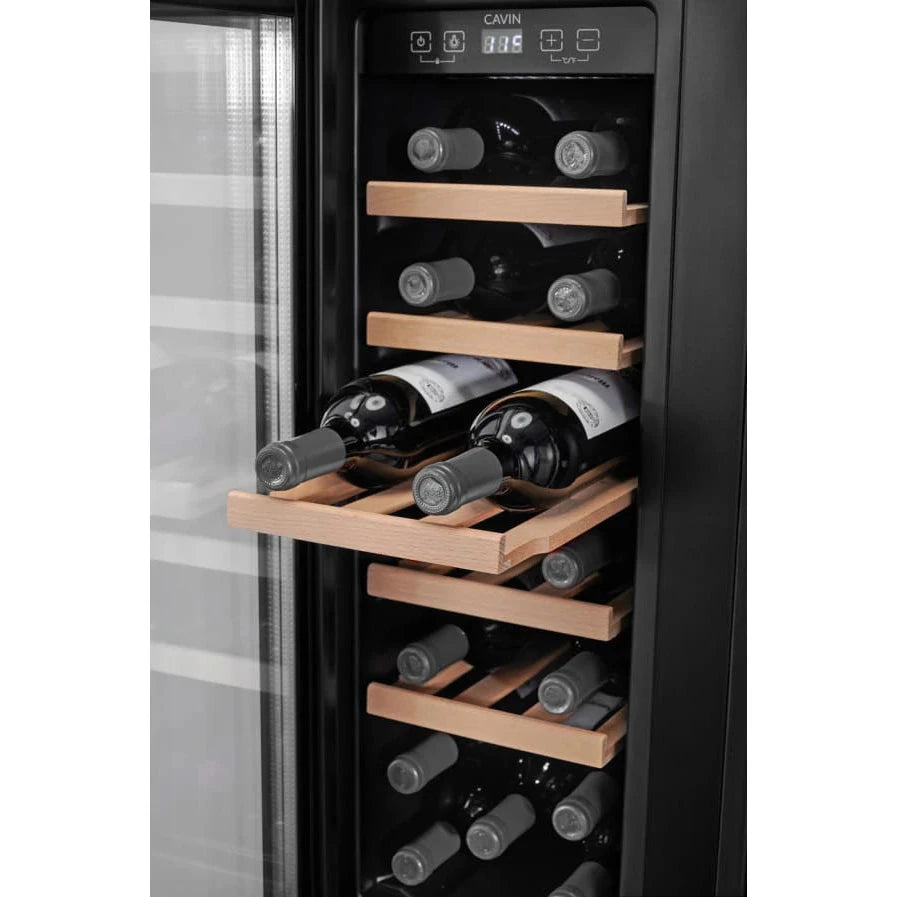 Interior de Cave de vinho para 20 garrafas Cavin Arctic Collection 60D de dupla zona Duo Full Glass Black com prateleiras