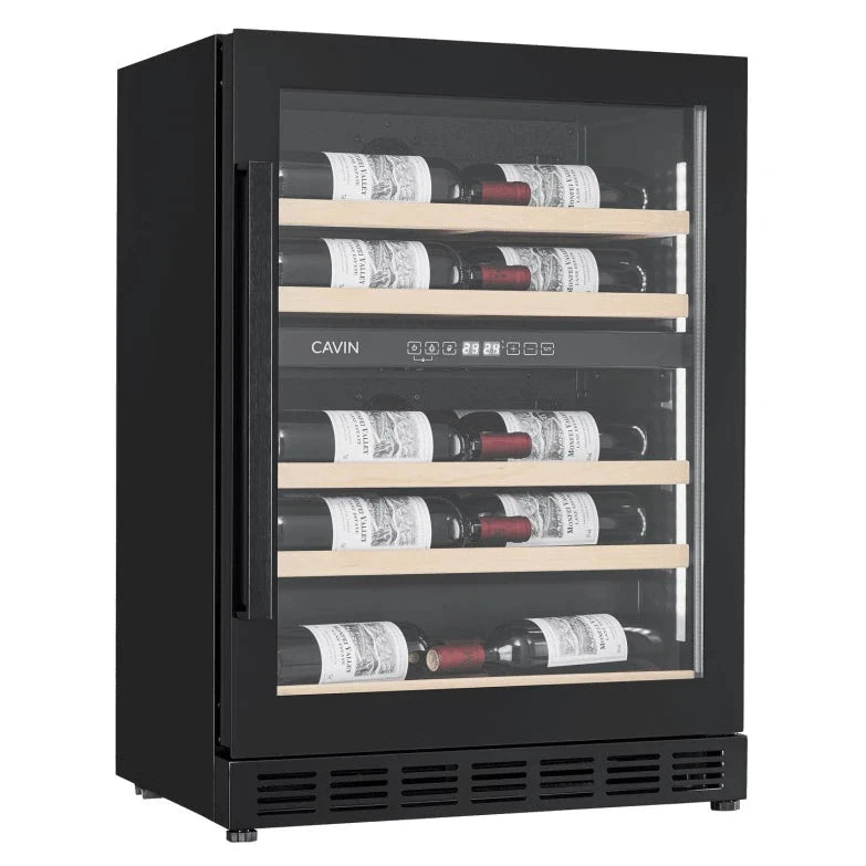 Interior de Cave de vinho para 18 garrafas Cavin Arctic Collection 60D Shallow de dupla zona Full Glass Black com prateleiras