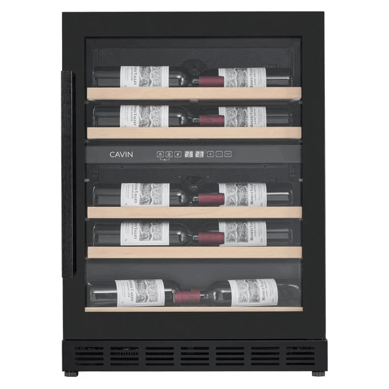 Interior de Cave de vinho para 18 garrafas Cavin Arctic Collection 60D Shallow de dupla zona Full Glass Black com prateleiras