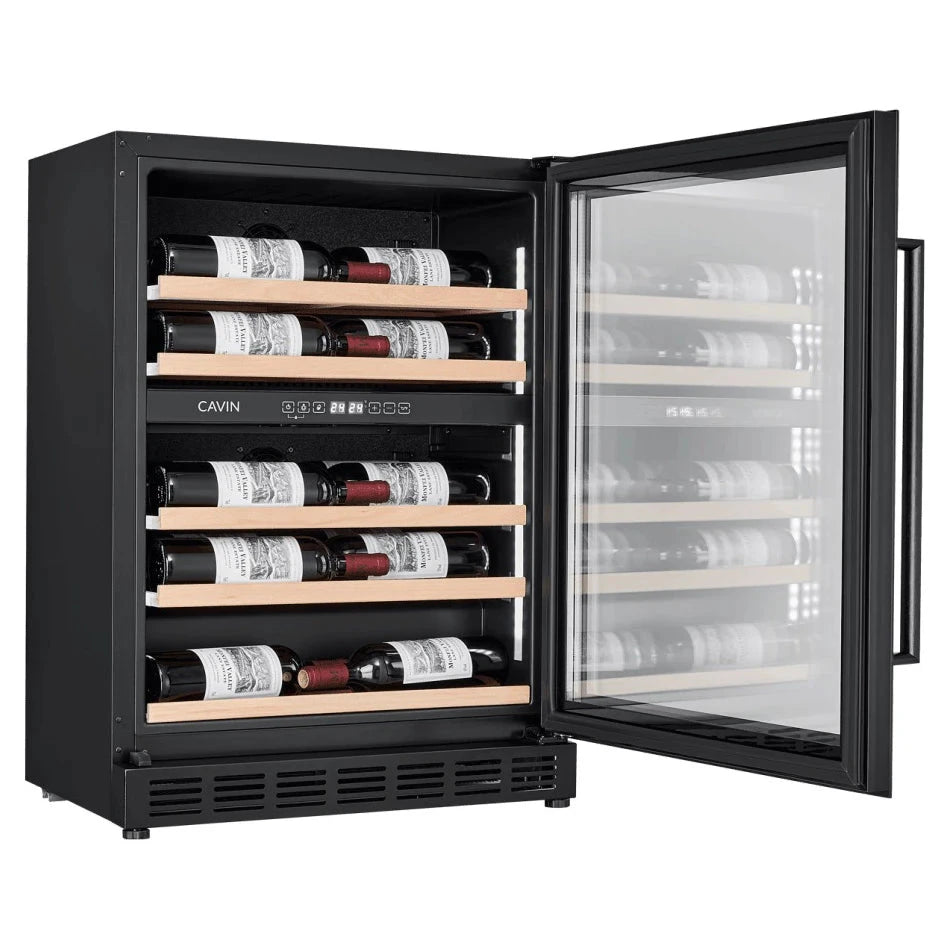 Interior de Cave de vinho para 18 garrafas Cavin Arctic Collection 60D Shallow de dupla zona Full Glass Black com prateleiras