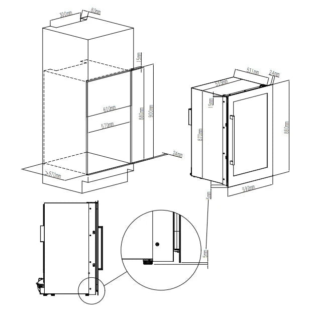 Esquema de instalação e dimensões de Cave de vinho para 42 garrafas Cavin Scandinavian Collection 90 Fullglass Black
