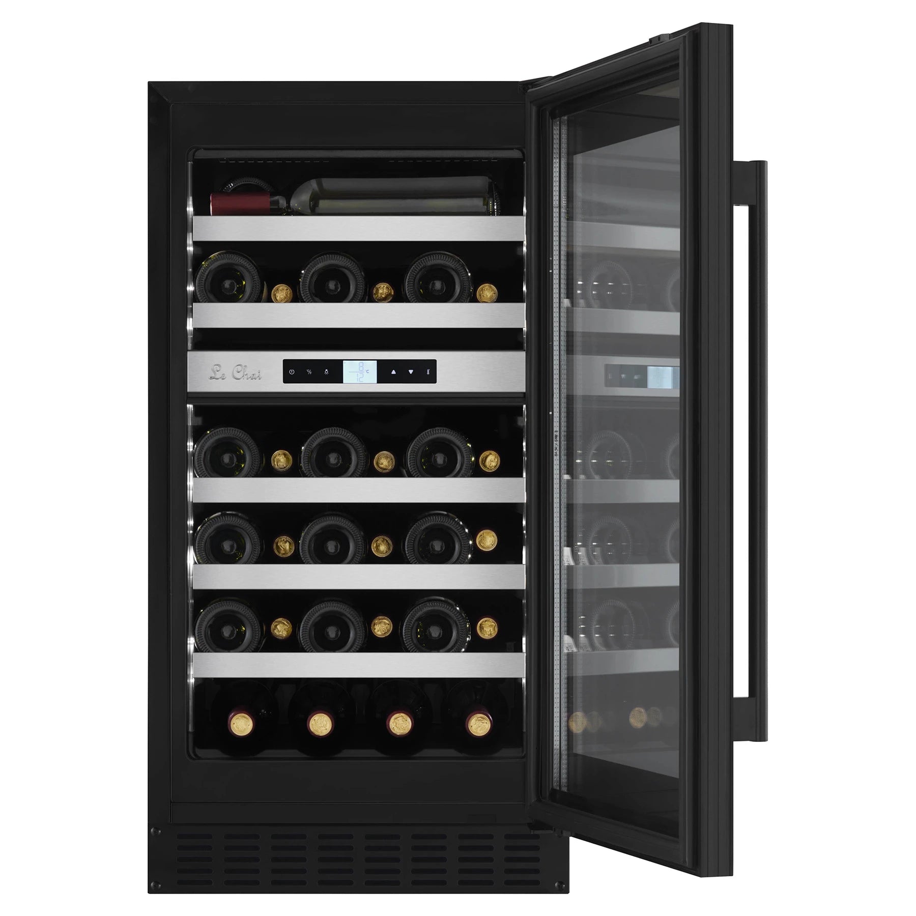 Detalhe da cave de vinho Le Chai LBN330 com visor digital e moldura preta sem juntas.