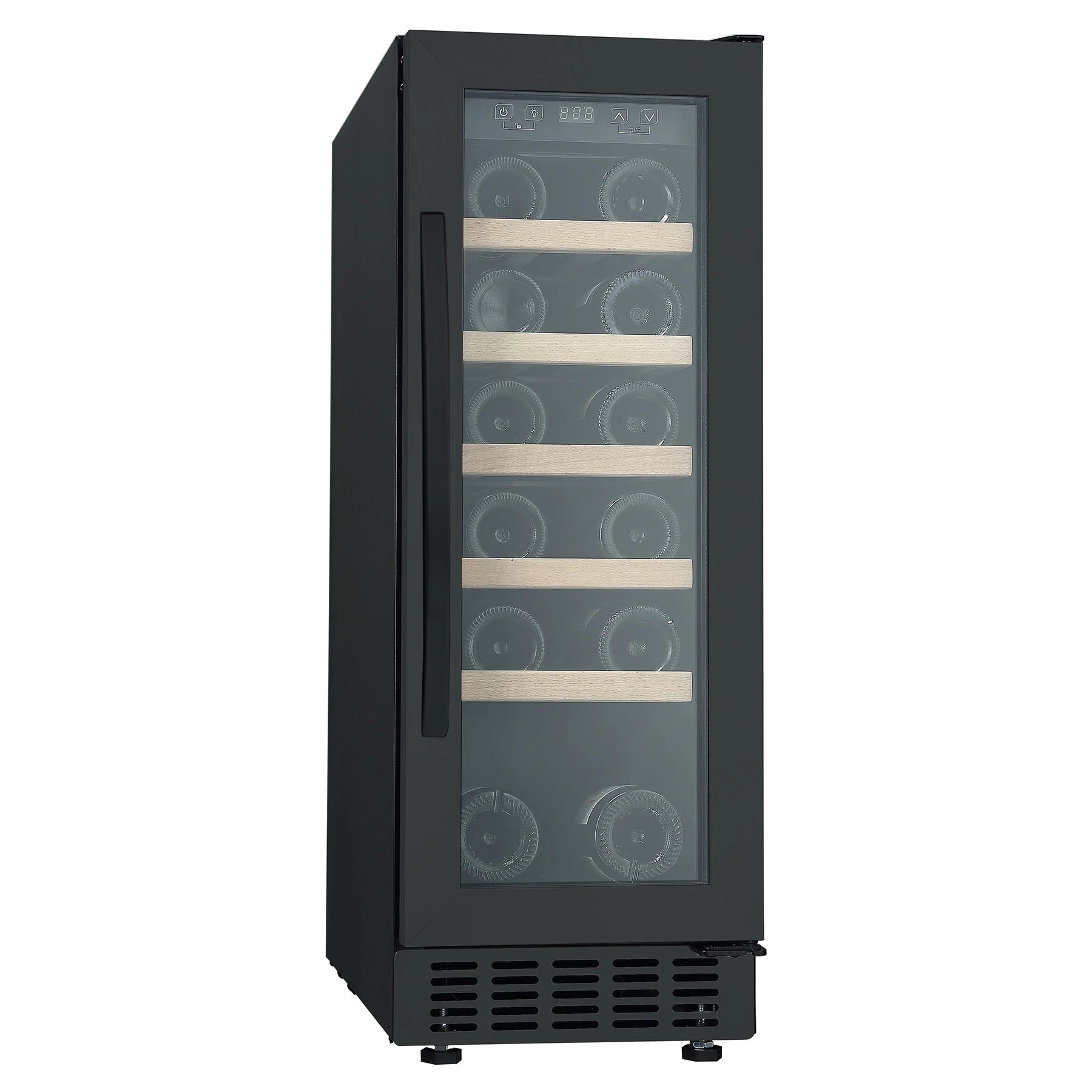 Cave de vinho integrável 20 garrafas Caviss SLEN120TBE5 sob bancada com porta de vidro preto.