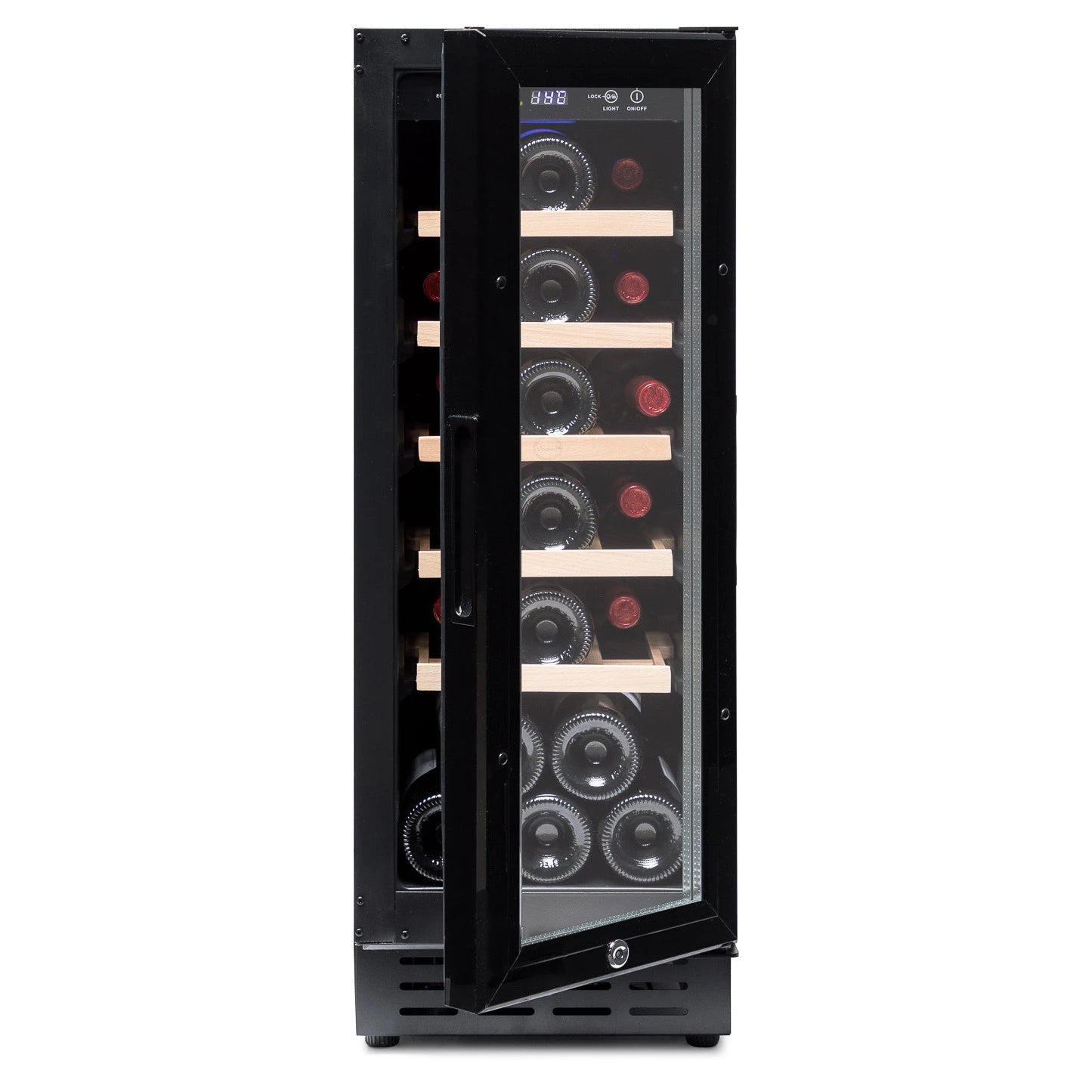 Detalhe da cave de vinho Vinobox 20 Design Black com controlo digital e luz interior.
