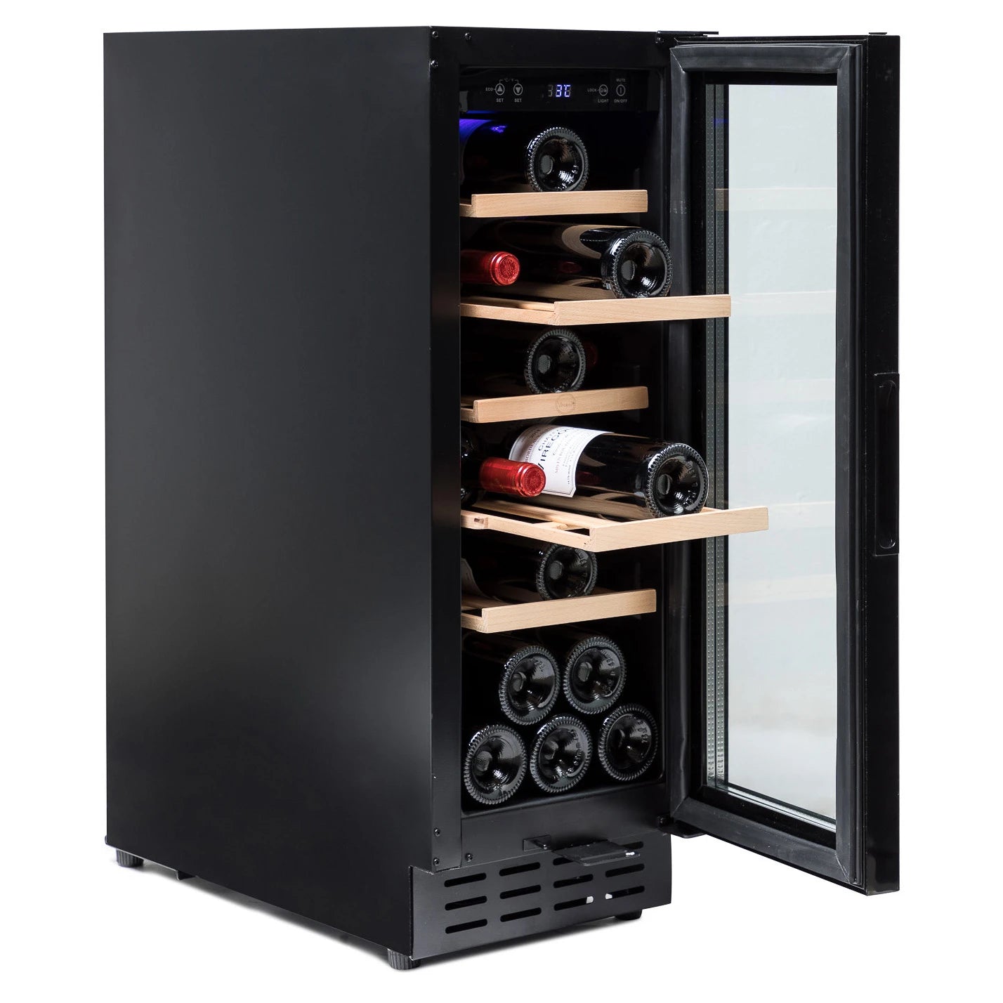 Interior da cave de vinho Vinobox 20 Design Black com cinco estantes de madeira extraíveis.