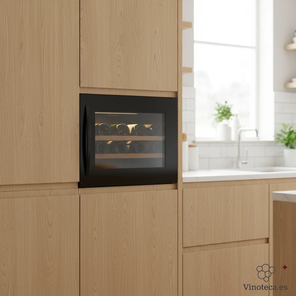 Cave de vinho Caviss SLEN123TBE4 integrada em cozinha moderna com porta de vidro preto.