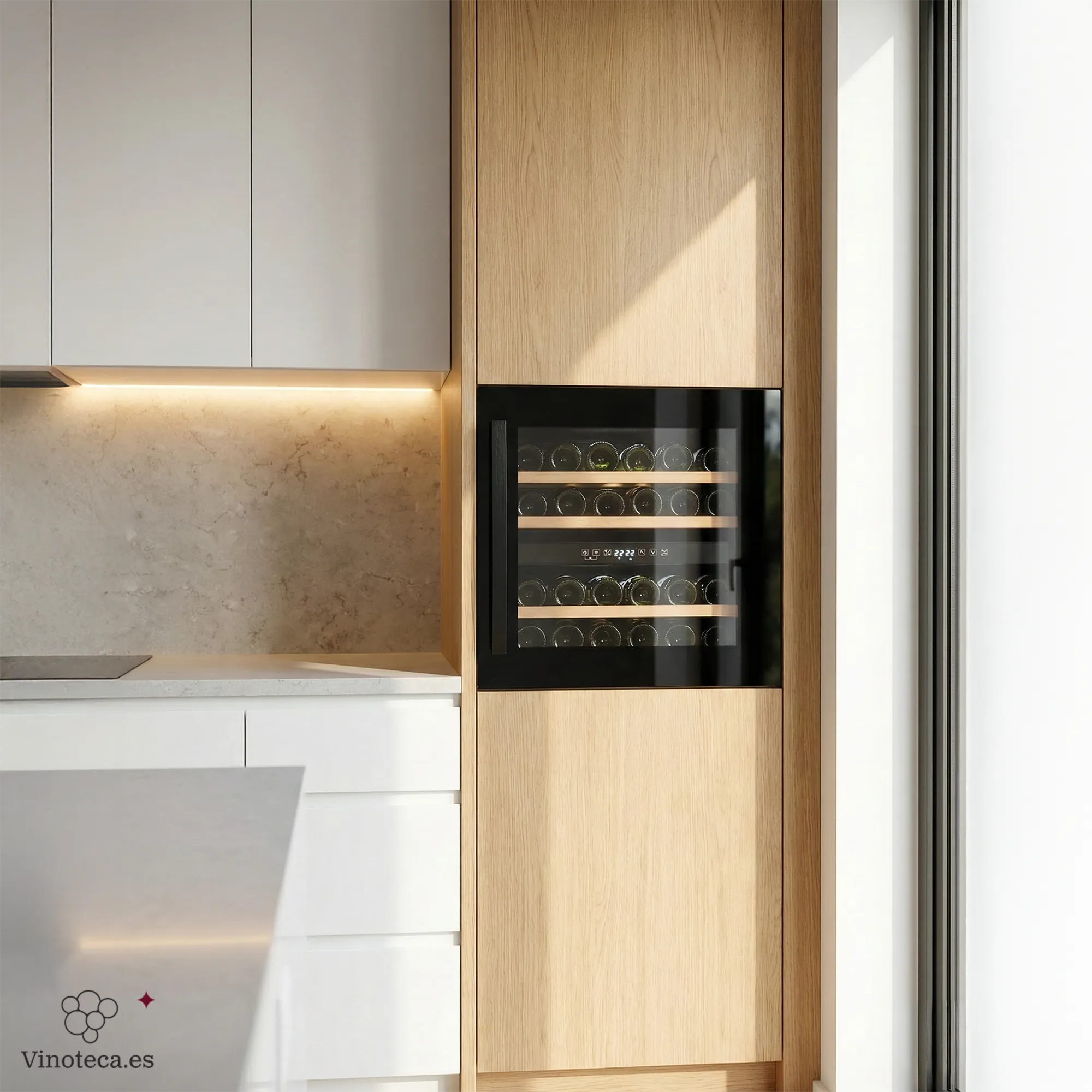 Cave de vinho Caviss CLEN230TBEG integrada em cozinha com design preto e prateleiras de madeira.