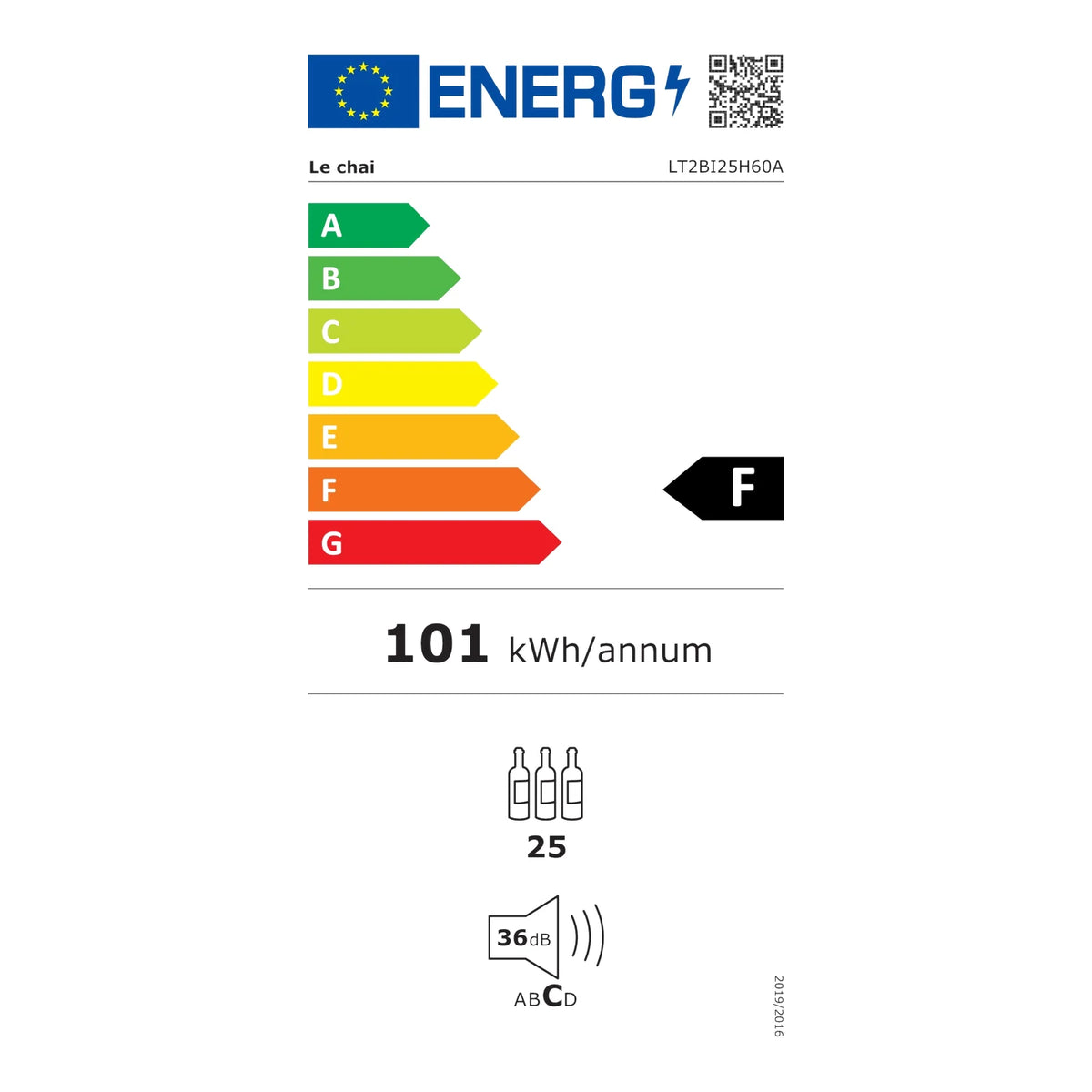 Etiqueta energética da cave de vinho Le Chai LT2BI25H60A, classe F.