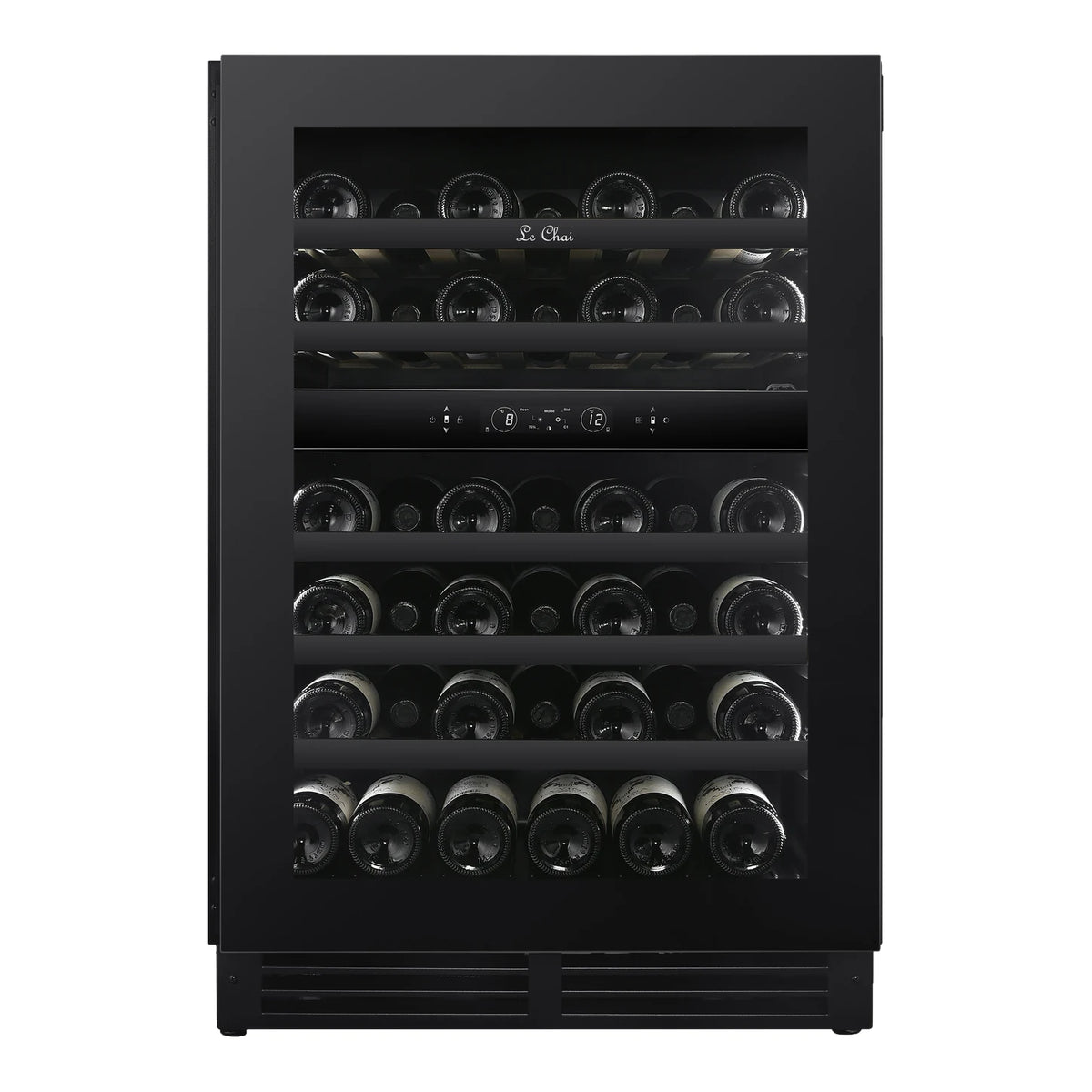 Cave de vinho Le Chai LT2BU41H88N60 de 41 garrafas, vista frontal com a porta fechada, cheia de garrafas, com as prateleiras com frontal Black Inox.