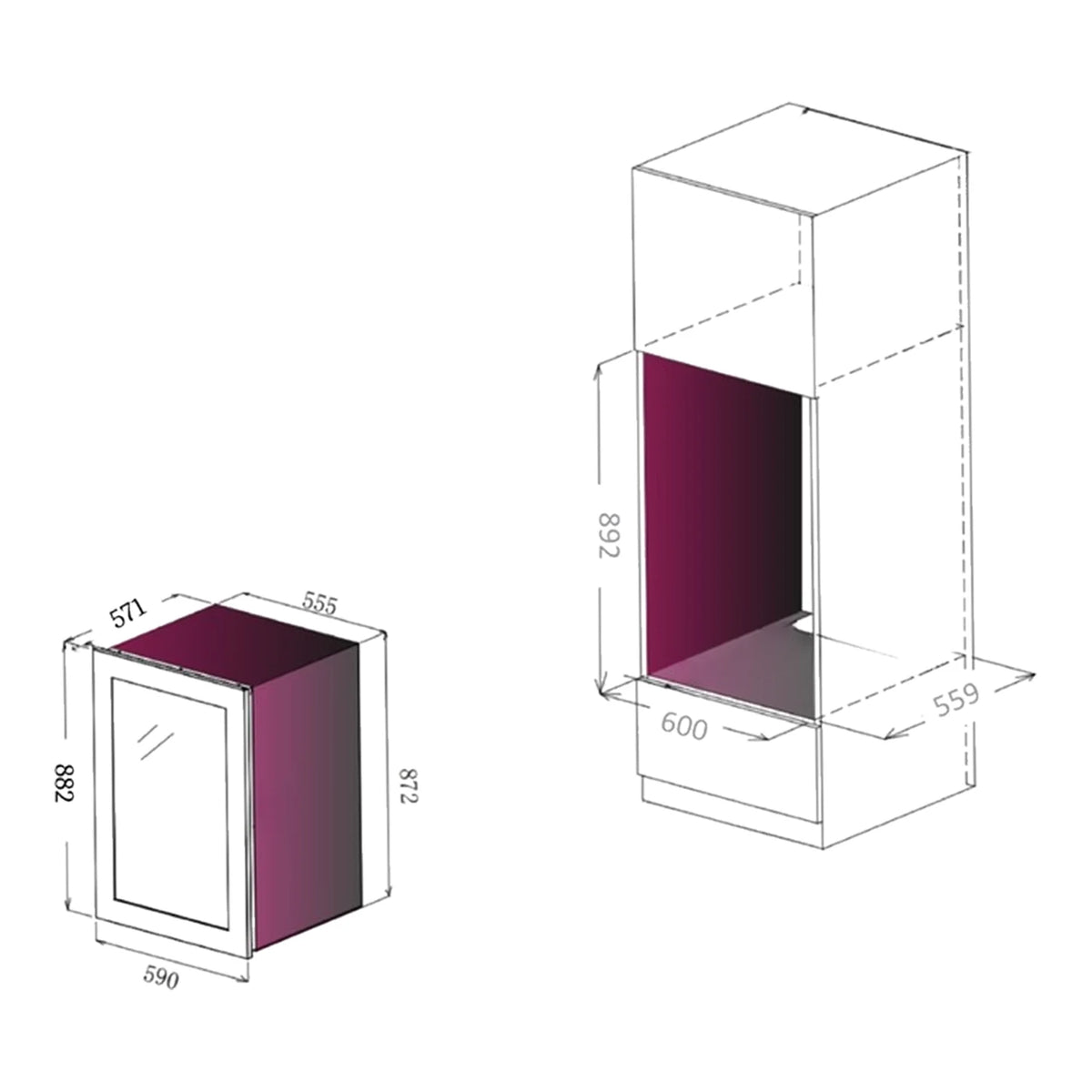 Esquema de encastre com medidas da cave de vinho Le Chai LT2BI44H88A.