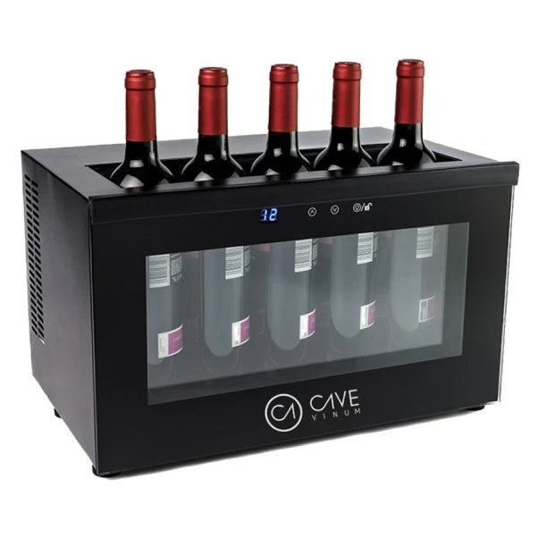 Refrigerador de vinho 5 garrafas Cave Vinum CV-7-DN compacto horizontal com frente em vidro e iluminação LED interior.