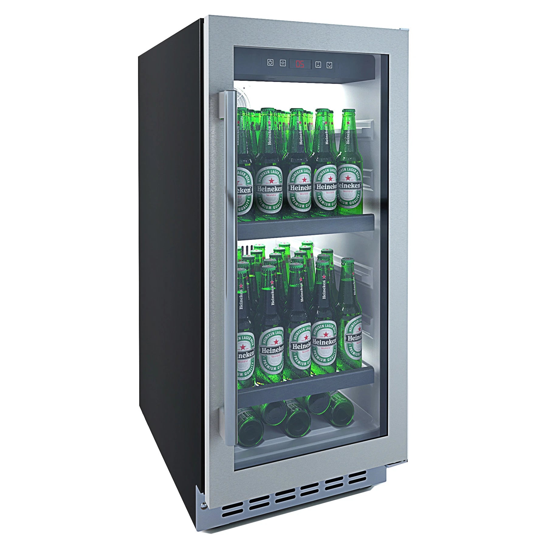 Interior do refrigerador para cerveja mQuvée BeerServer 40 Stainless com prateleiras metálicas.