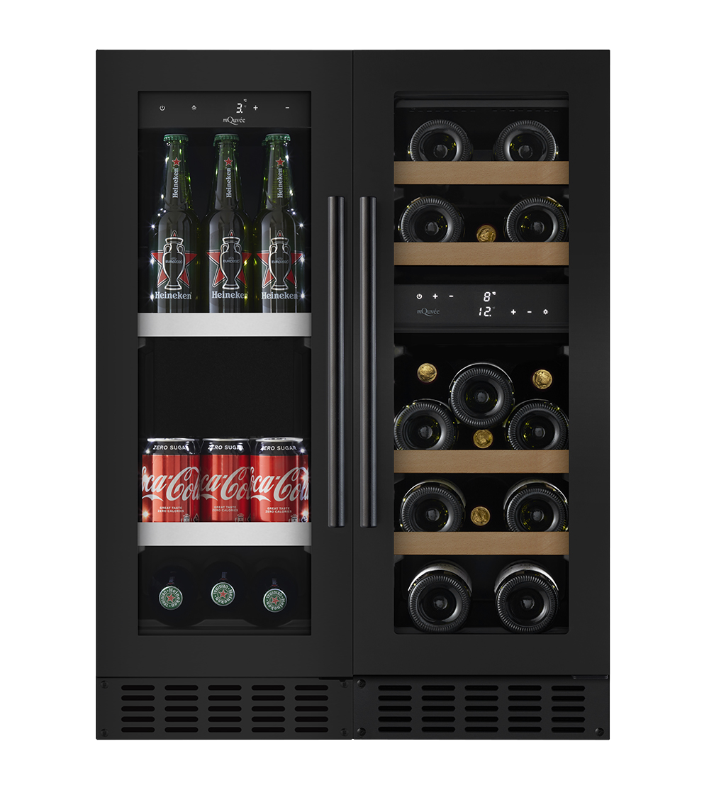 Pack cave de vinho mQuvée WineCave 700 30D e frigorífico para cerveja BeerServer 30 Anthracite Black vista frontal