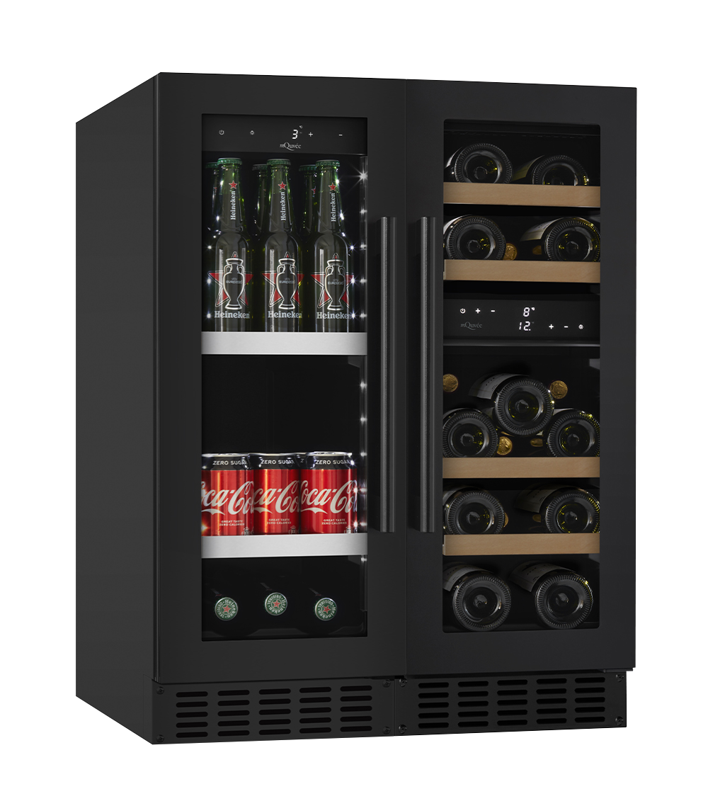 Pack cave de vinho mQuvée WineCave 700 30D e frigorífico para cerveja BeerServer 30 Anthracite Black vista de três quartos