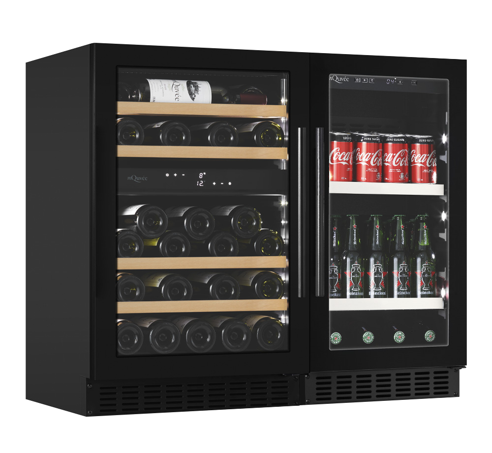 Pack cave de vinho mQuvée WineCave 700 60D e frigorífico para cerveja BeerServer 30 Anthracite Black vista de três quartos