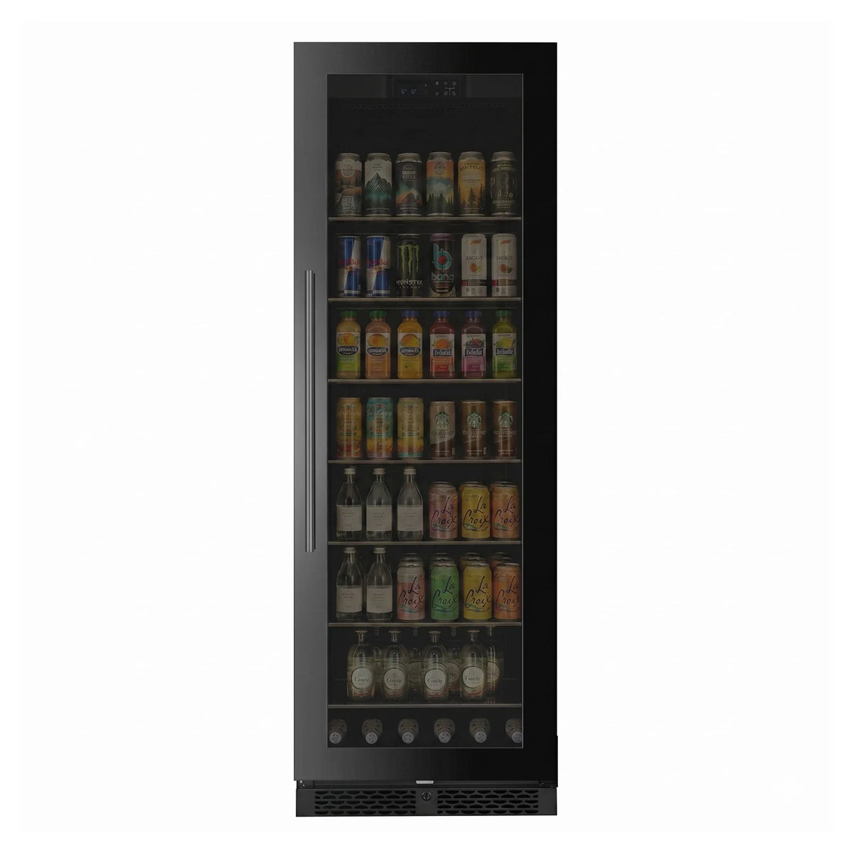 Frigorífico de bebidas ClimaVin Noir160 vista frontal com as prateleiras cheias de latas e garrafas