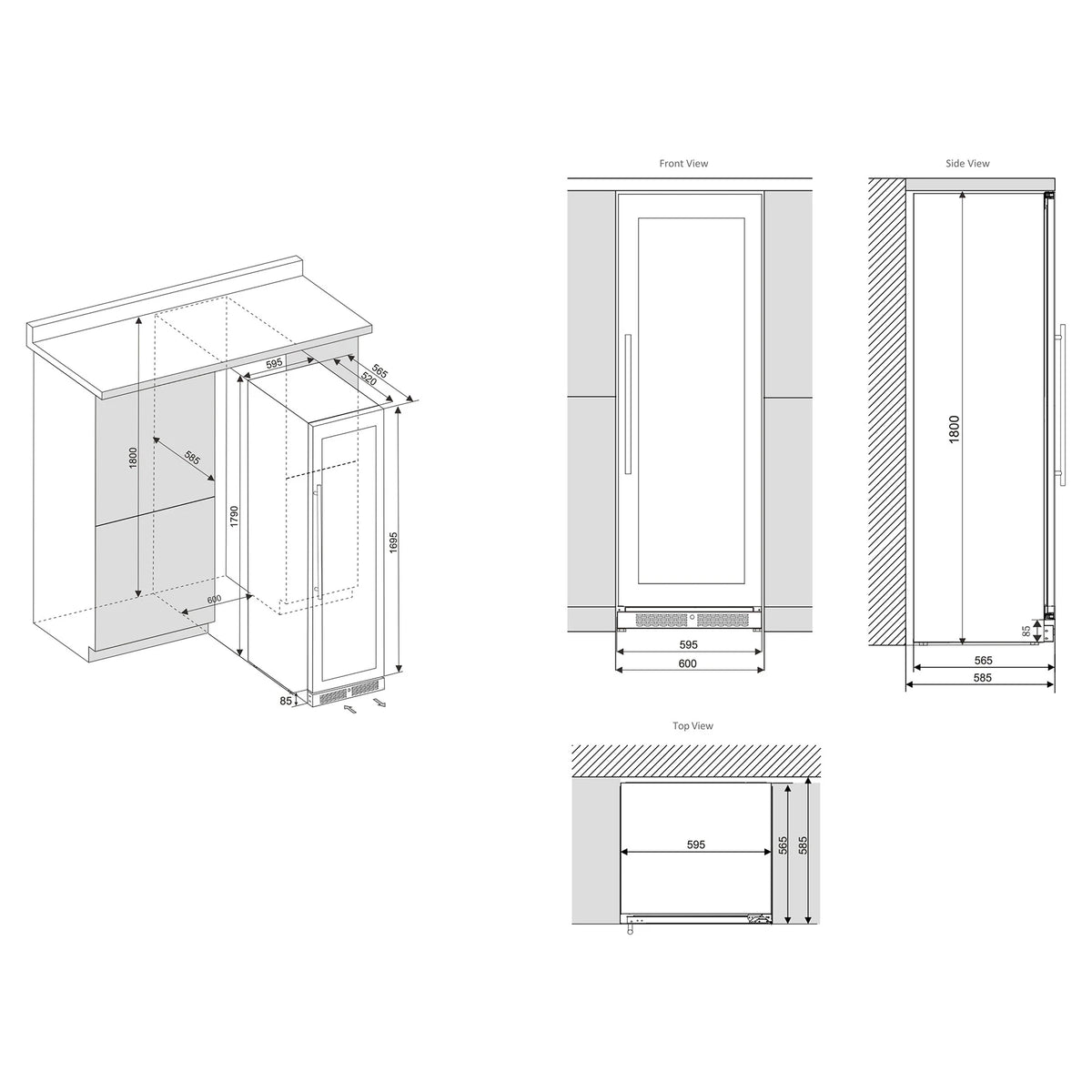Esquema de instalação do frigorífico de bebidas ClimaVin Noir160 com vistas frontal, lateral e superior e medidas de encastre