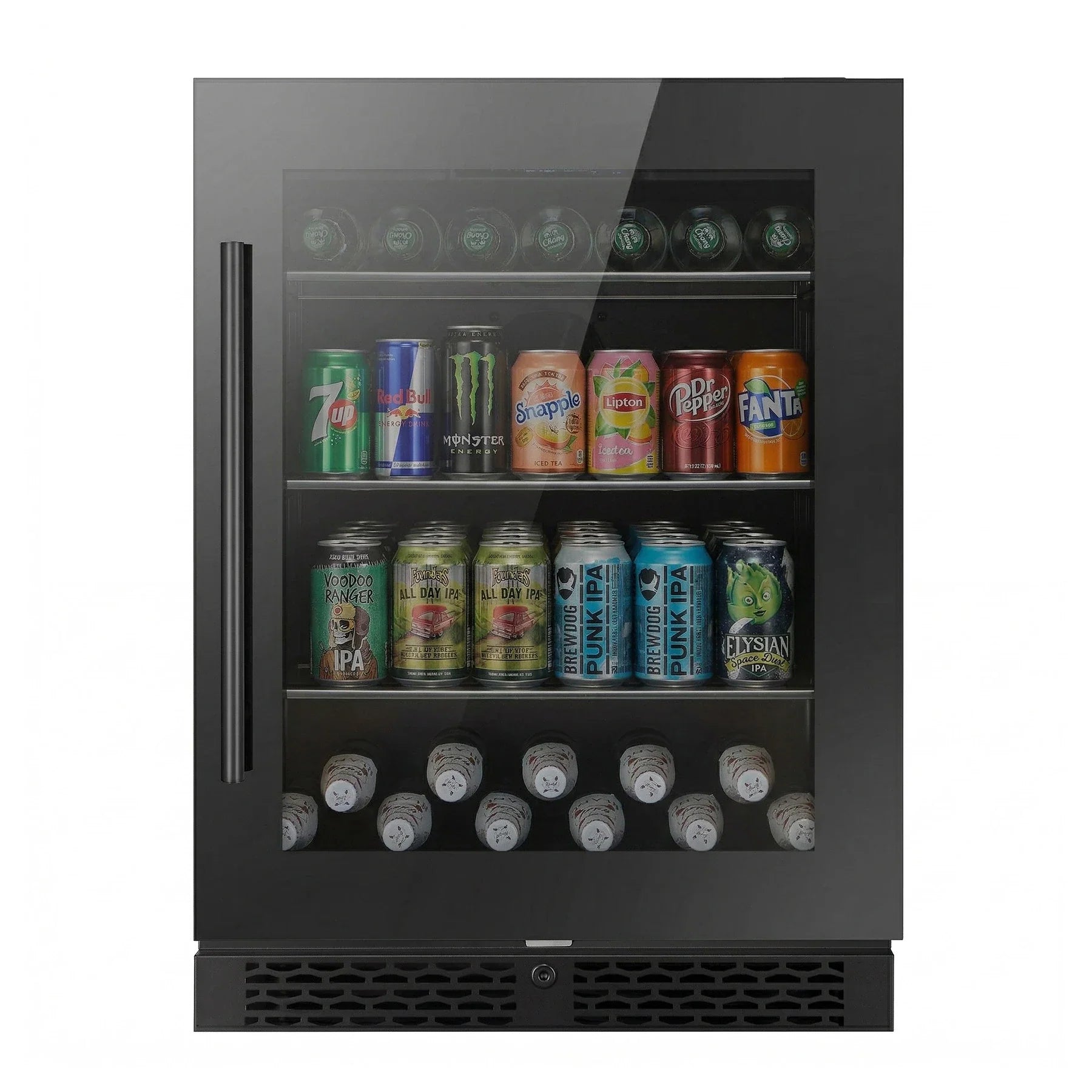 Frigorífico de bebidas ClimaVin Noir73 vista frontal com latas nas prateleiras e garrafas na base