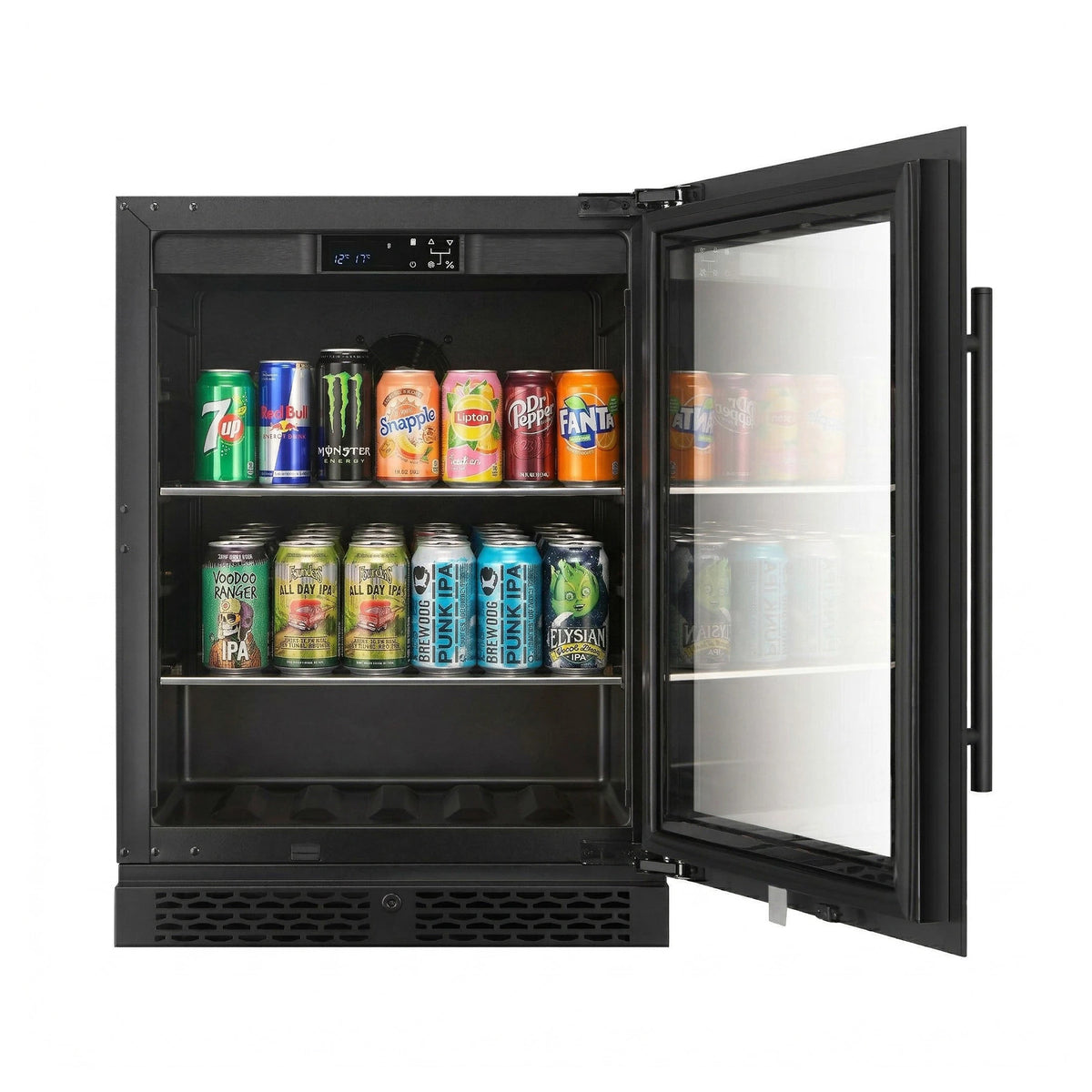 Frigorífico de bebidas ClimaVin Noir73 com a porta aberta, mostrando as duas prateleiras de latas