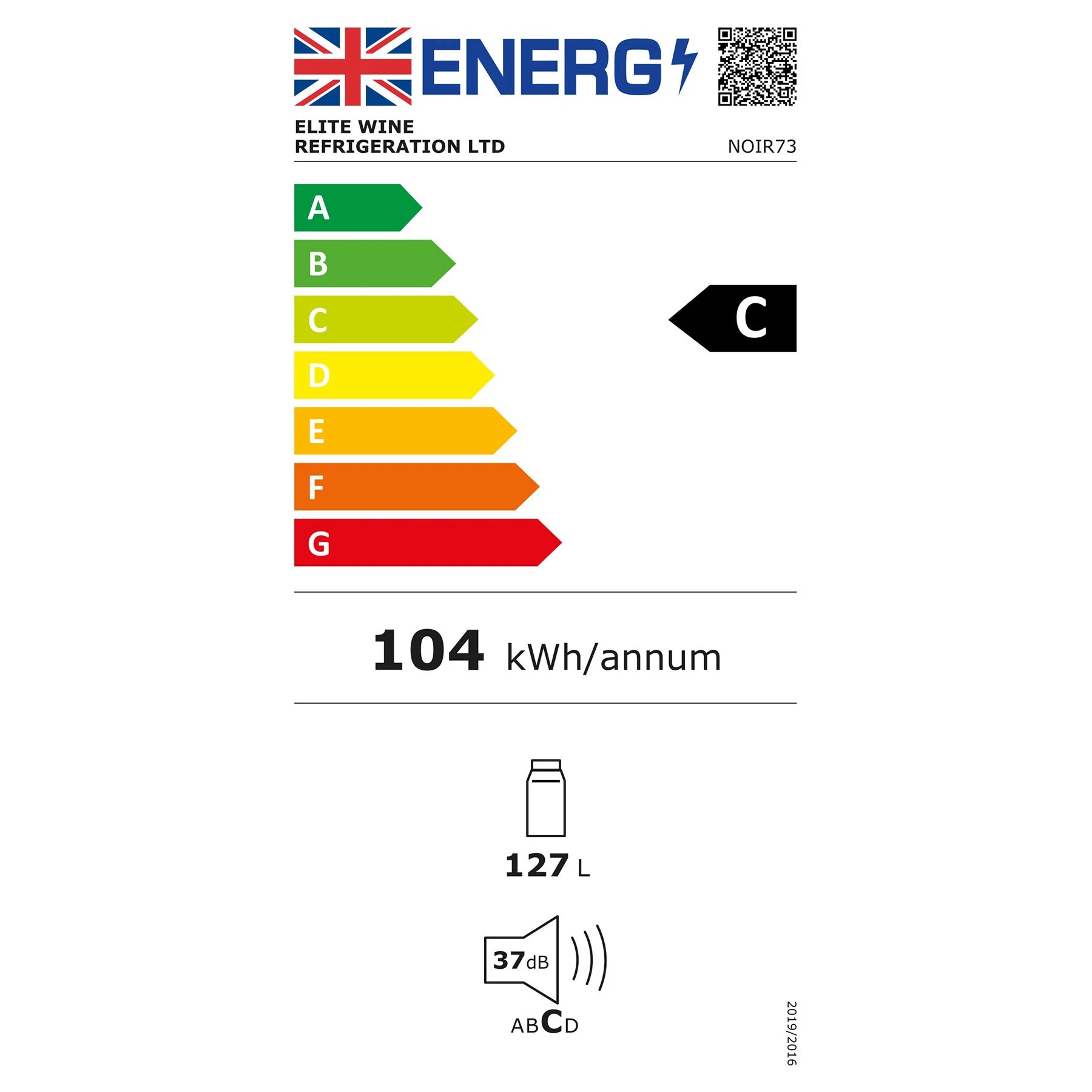 Etiqueta energética do frigorífico de bebidas ClimaVin Noir73, classe C, 104 kWh por ano e 37 dB