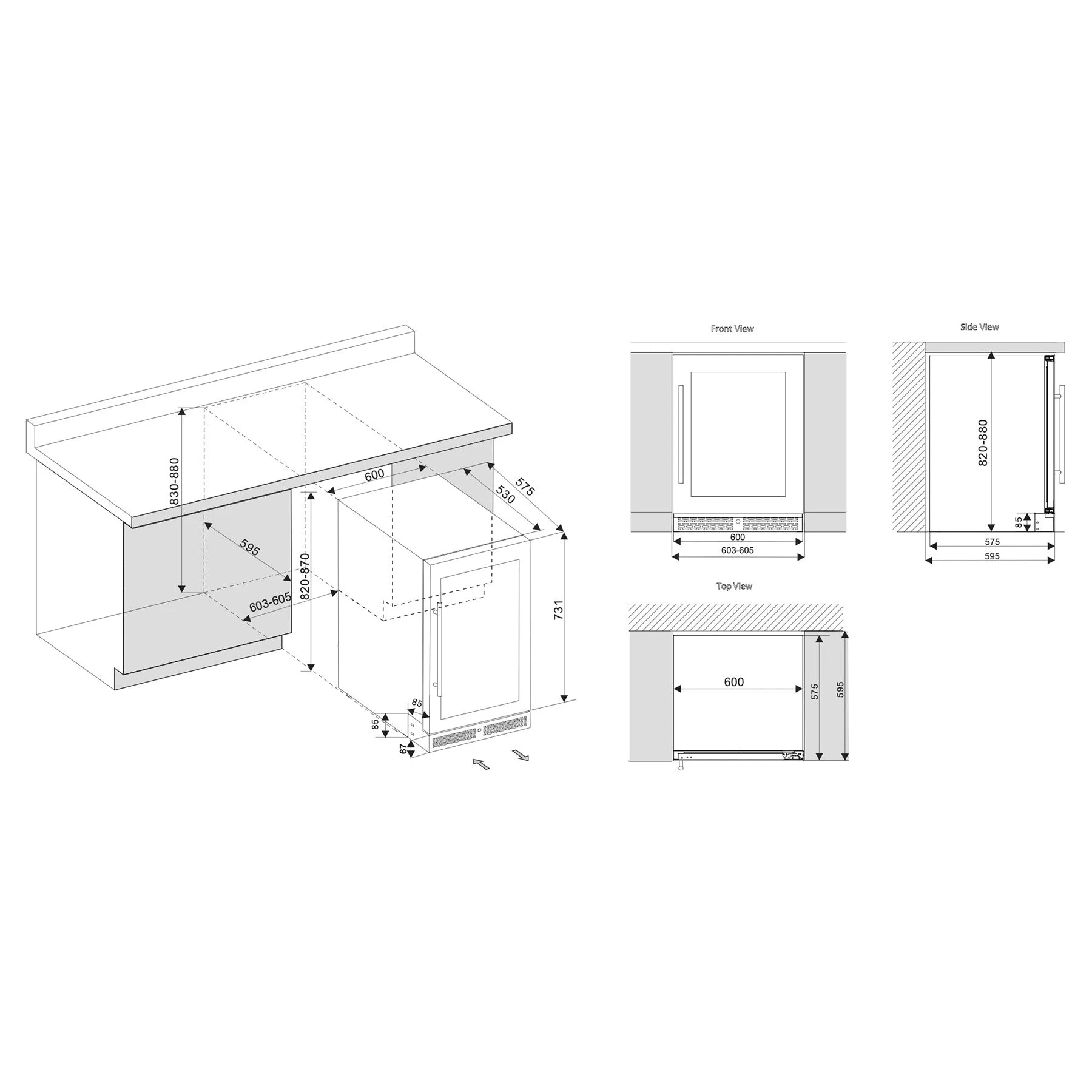 Esquema de instalação sob bancada do frigorífico de bebidas ClimaVin Noir73 com vistas frontal, lateral e superior e medidas de encastre