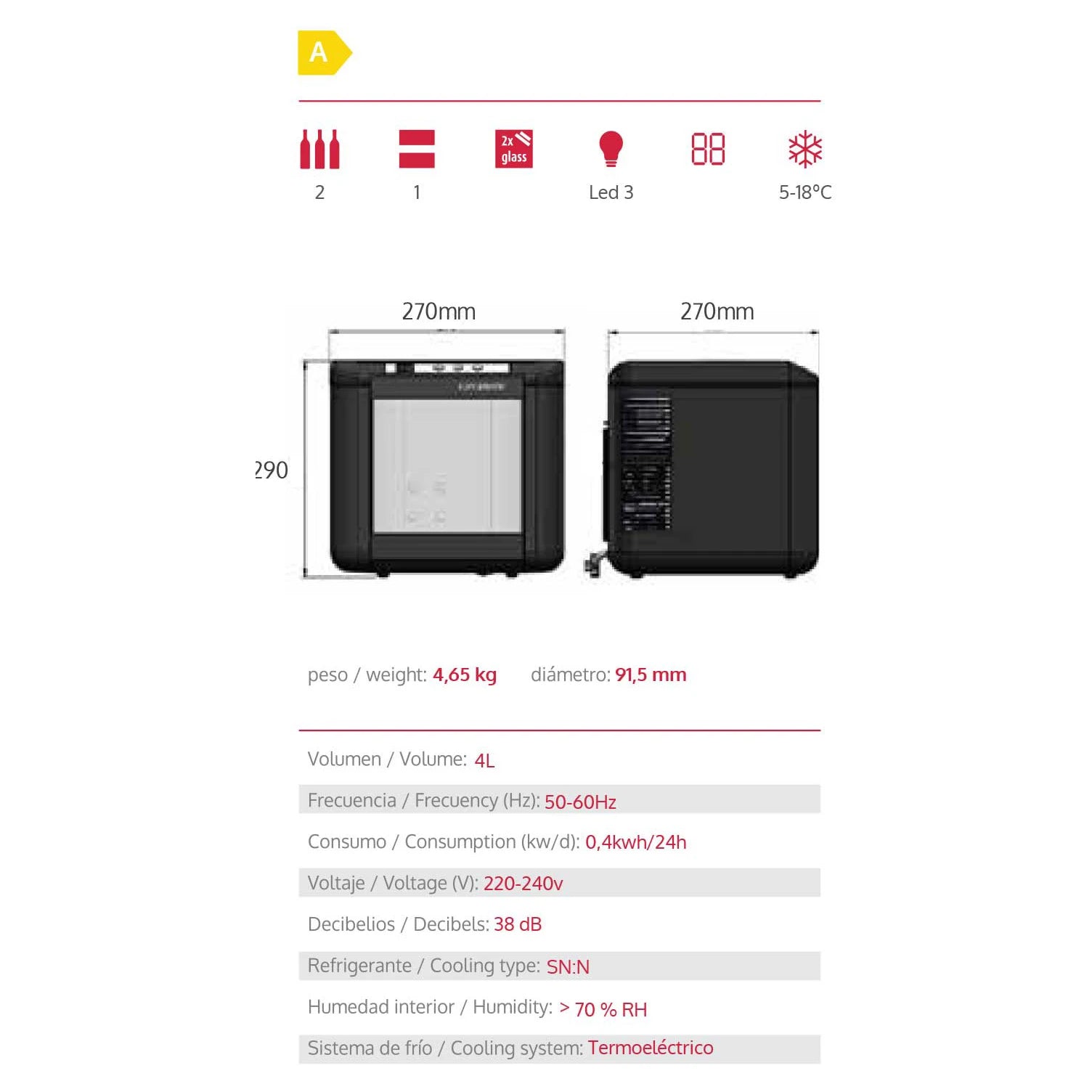 Medidas do refrigerador de vinho Cavanova OW002 com 27 cm de largura, 27 cm de profundidade e 29 cm de altura.