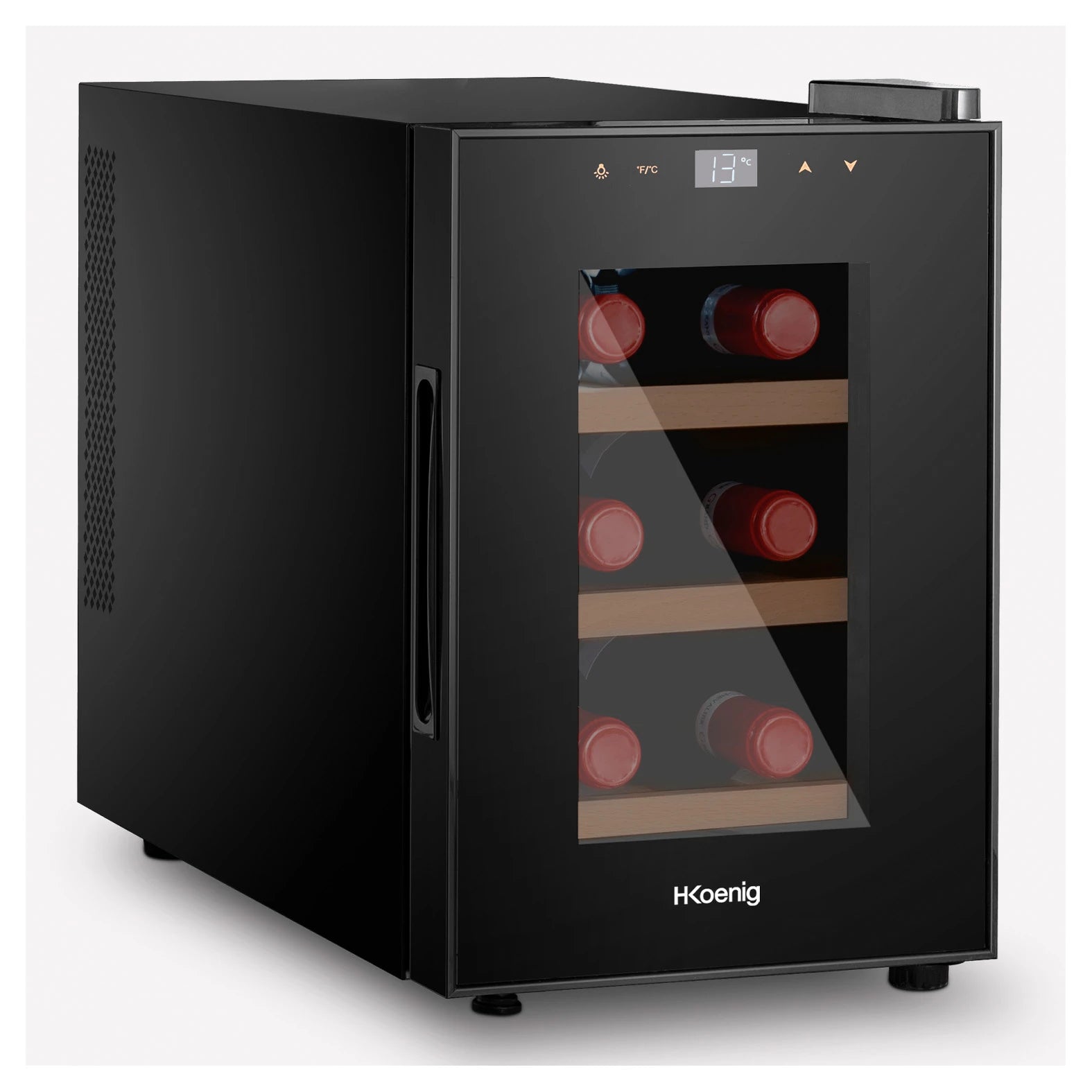 Detalhe da cave de vinho H.Koenig AGE6 com iluminação LED interior e sistema antivibração.